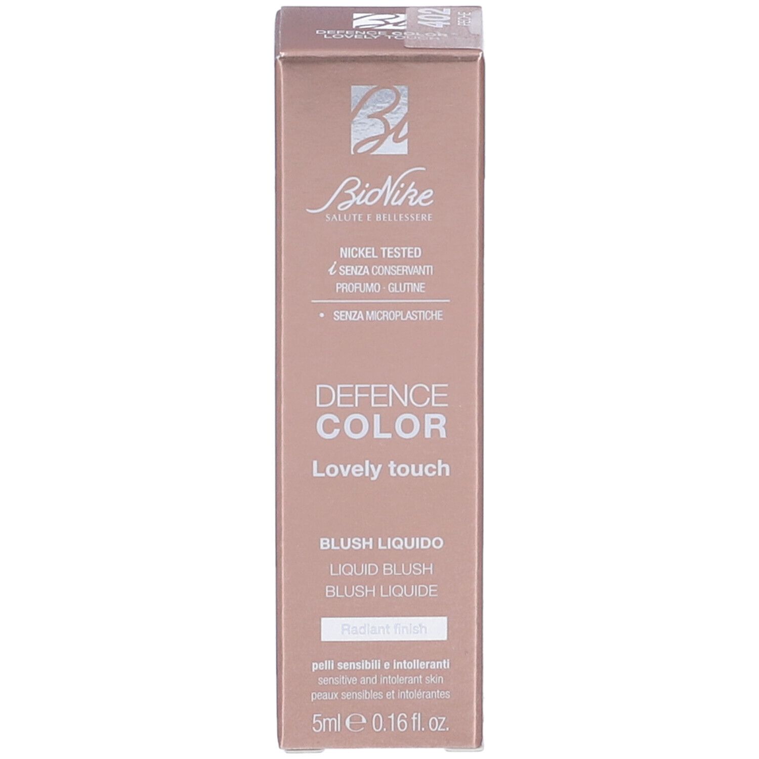 Confezione Bionike Defence Color Lovely Touch Blush Liquido. Nome del prodotto, marchio e volume.