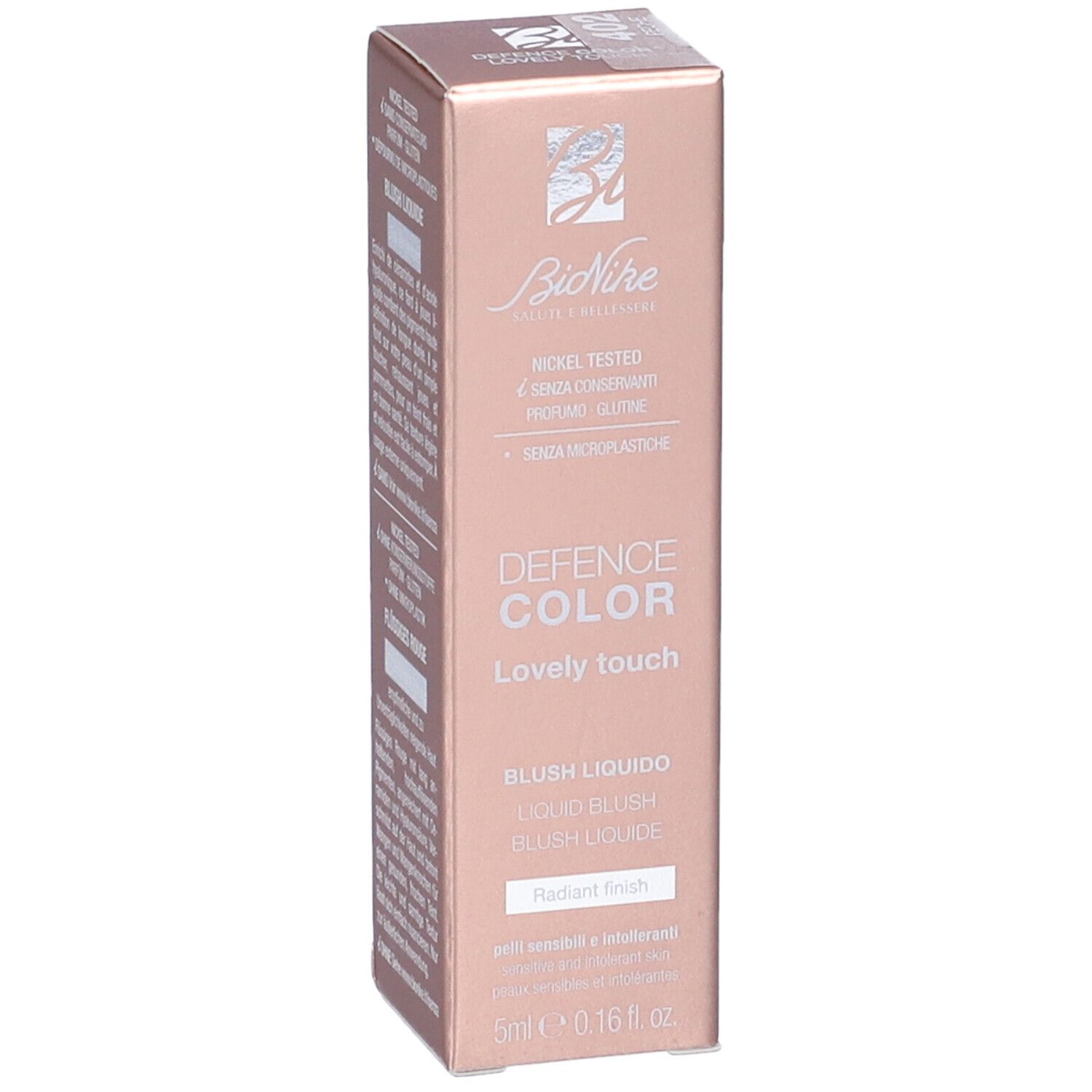 Confezione Bionike Defence Color Lovely Touch Blush Liquido. Nome del prodotto, marchio e volume.