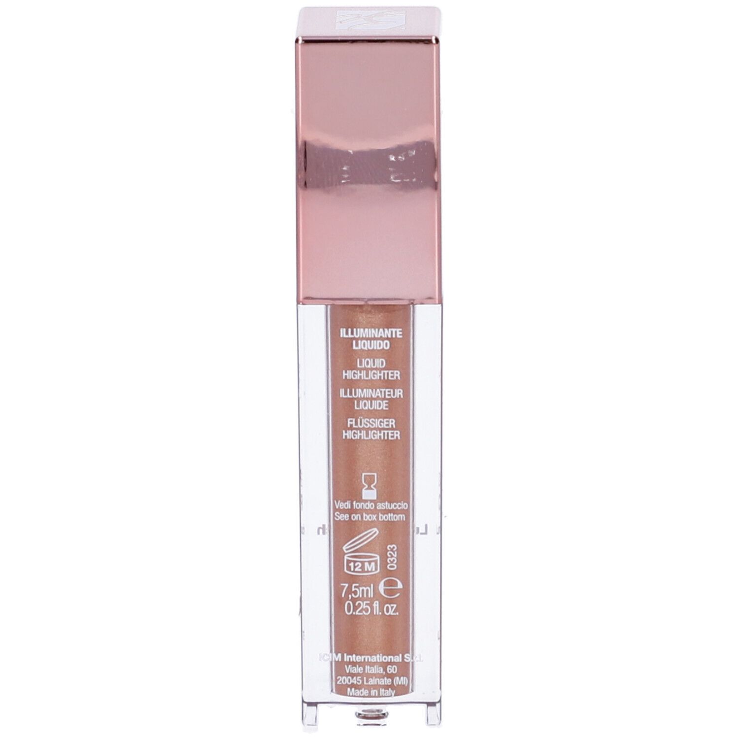 Retro dell'illuminante liquido. Scritta: Illuminante Liquido, 7,5 ml, 0,25 fl. oz. Con simbolo 12M.