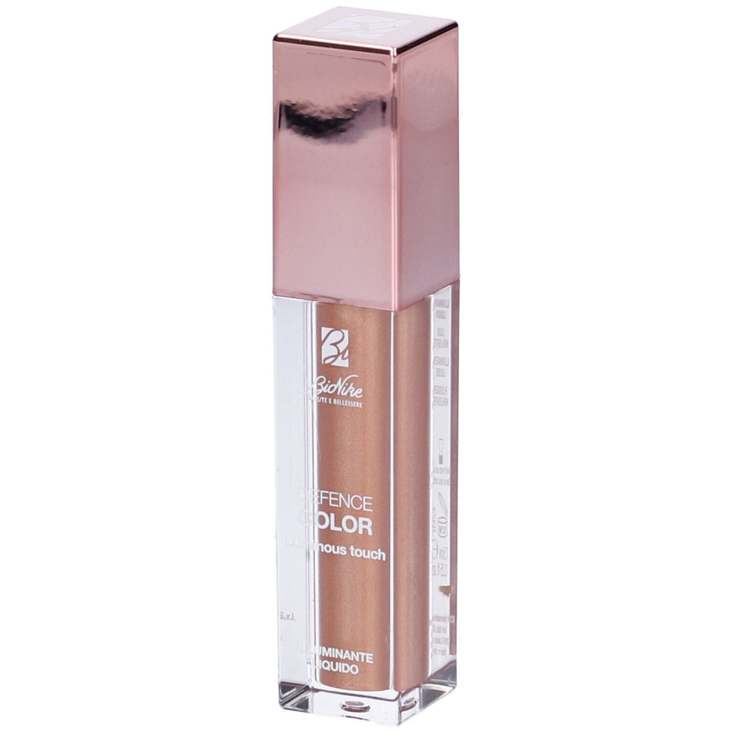 Illuminante liquido in flacone trasparente con tappo rosa. Scritta: Bionike Defence Color Luminous Touch.