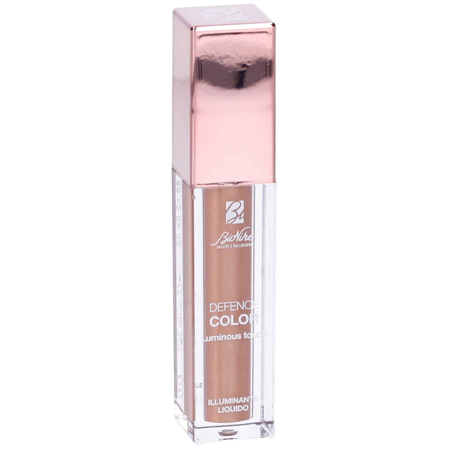 Illuminante liquido in flacone trasparente con tappo rosa. Scritta: Bionike Defence Color Luminous Touch.