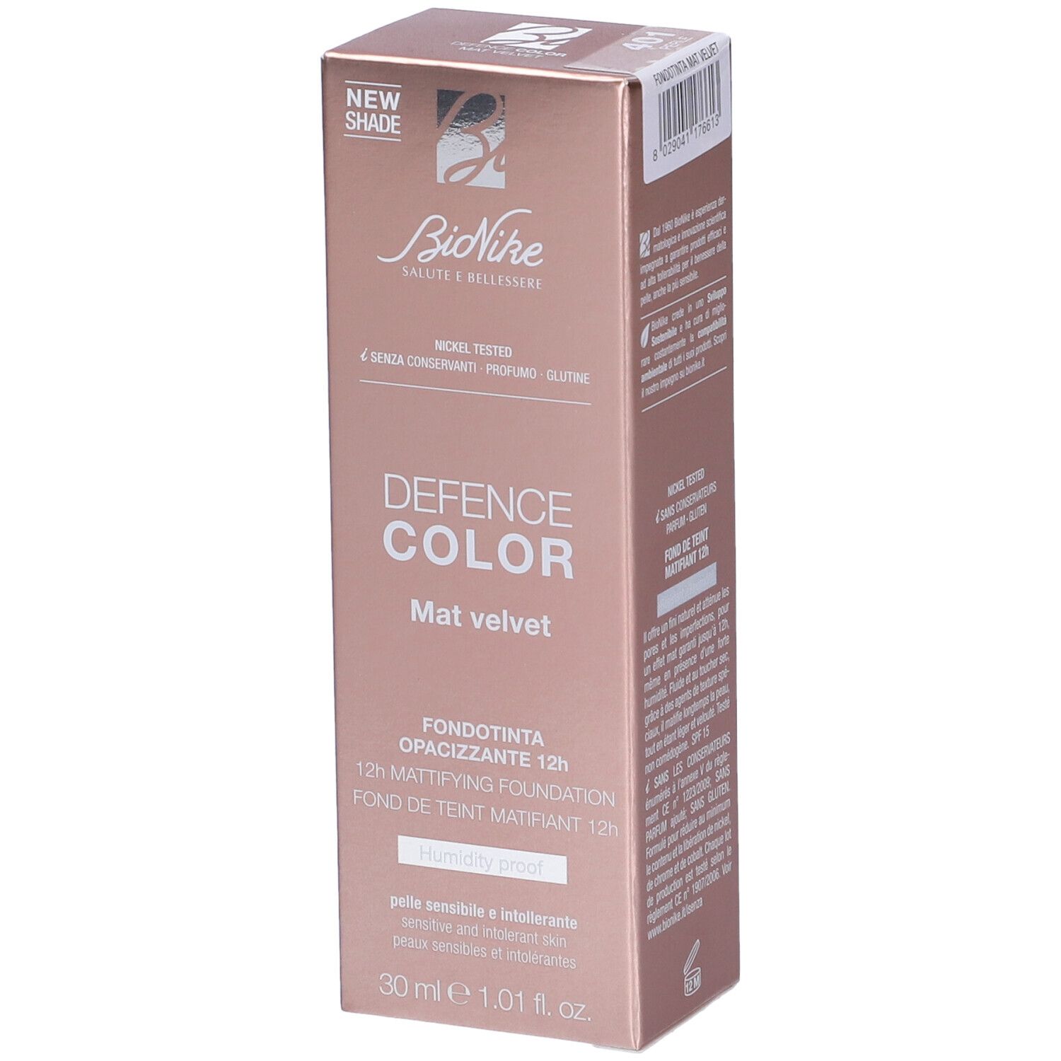 Scatola BioNike Defence Color Mat Velvet Fondotinta Opacizzante 12h. Rosa. Testo: Nickel Tested, 30 ml.