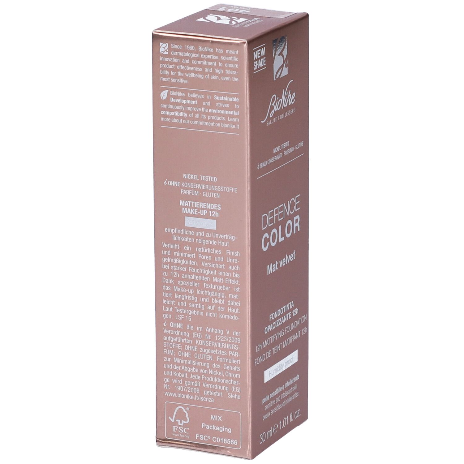 Scatola BioNike Defence Color Mat Velvet Fondotinta Opacizzante 12h. Rosa. Testo: Nickel Tested, 30 ml.