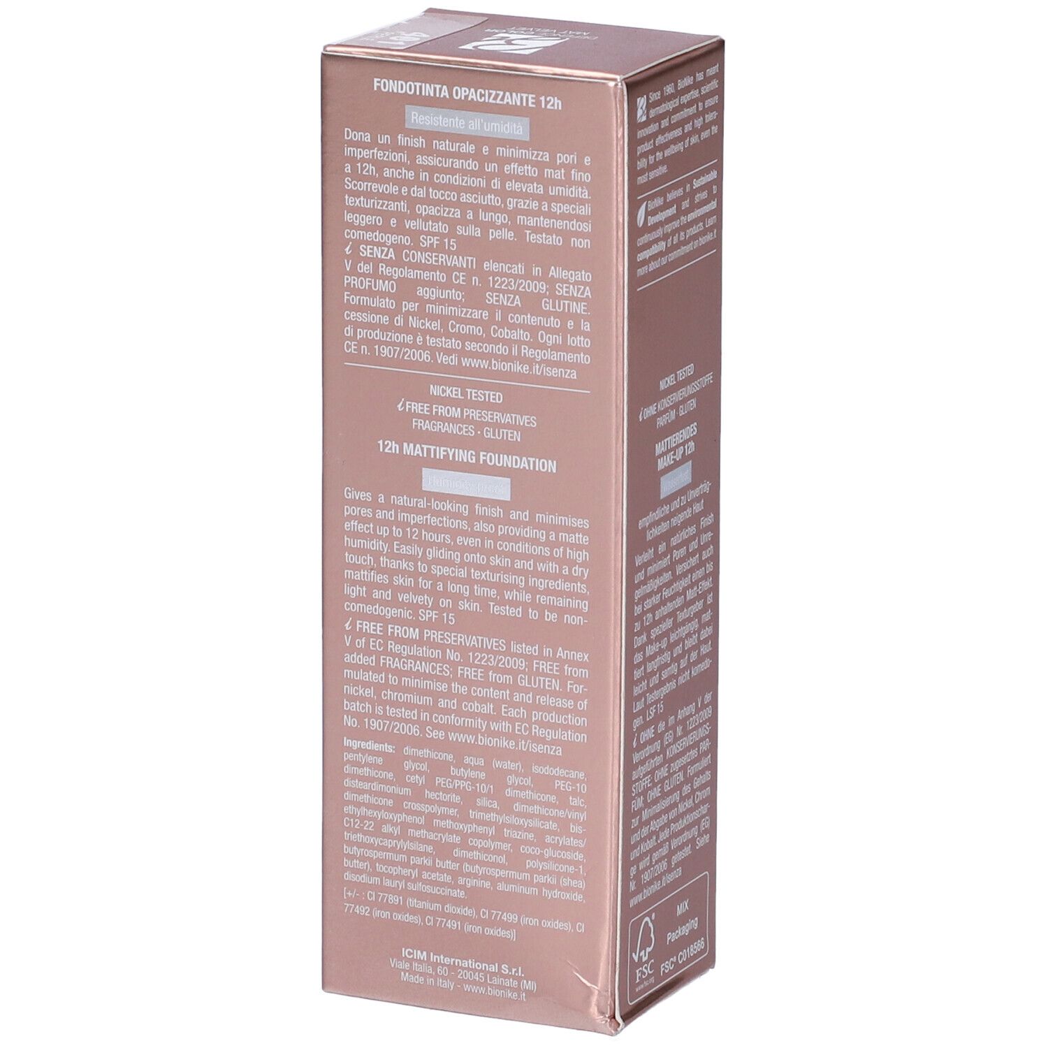 Scatola BioNike Defence Color Mat Velvet Fondotinta Opacizzante 12h. Rosa. Testo: Nickel Tested, 30 ml.
