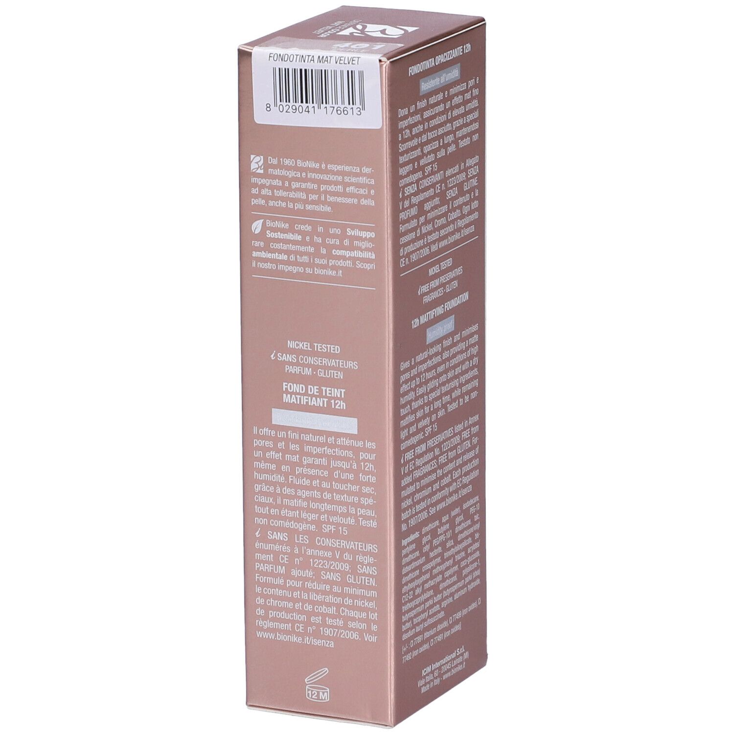 Scatola BioNike Defence Color Mat Velvet Fondotinta Opacizzante 12h. Rosa. Testo: Nickel Tested, 30 ml.