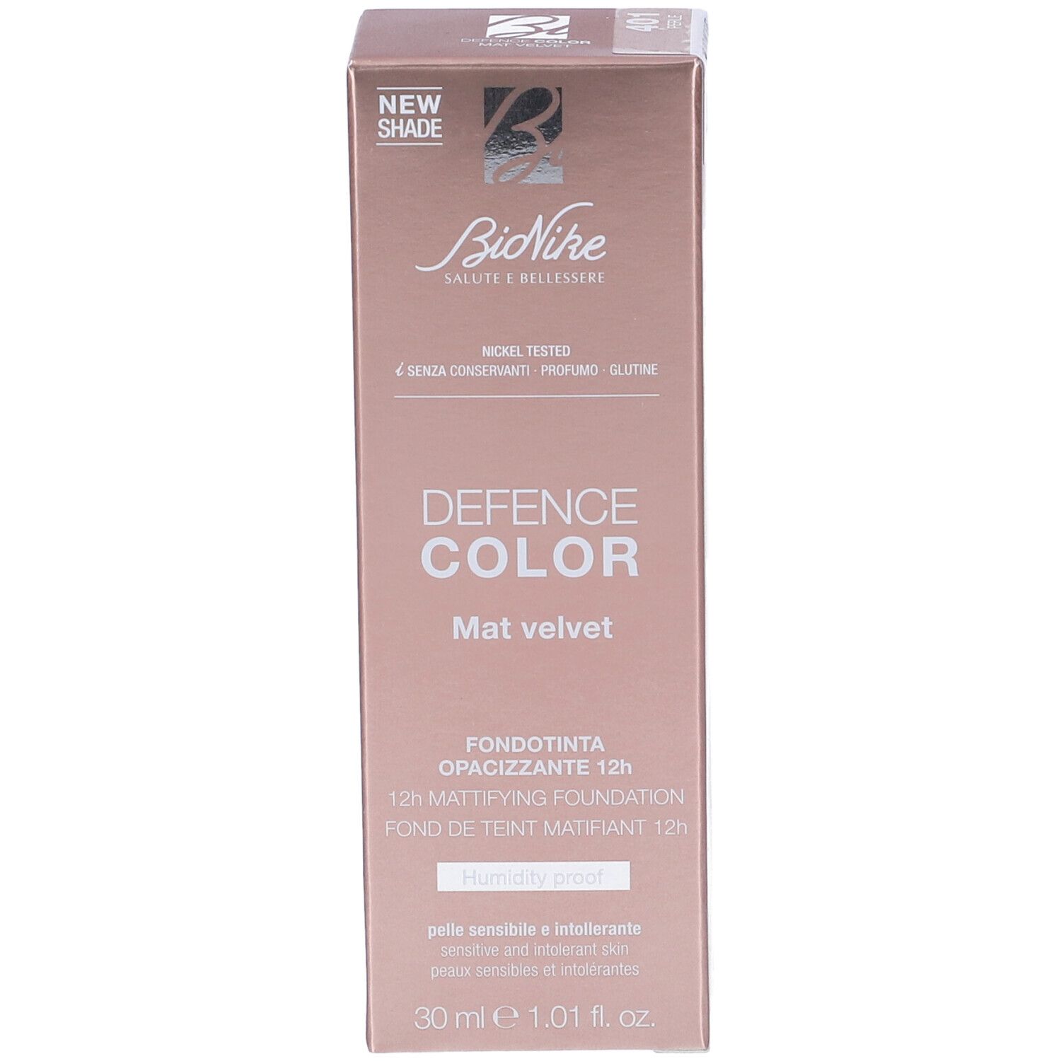 Scatola BioNike Defence Color Mat Velvet Fondotinta Opacizzante 12h. Rosa. Testo: Nickel Tested, 30 ml.