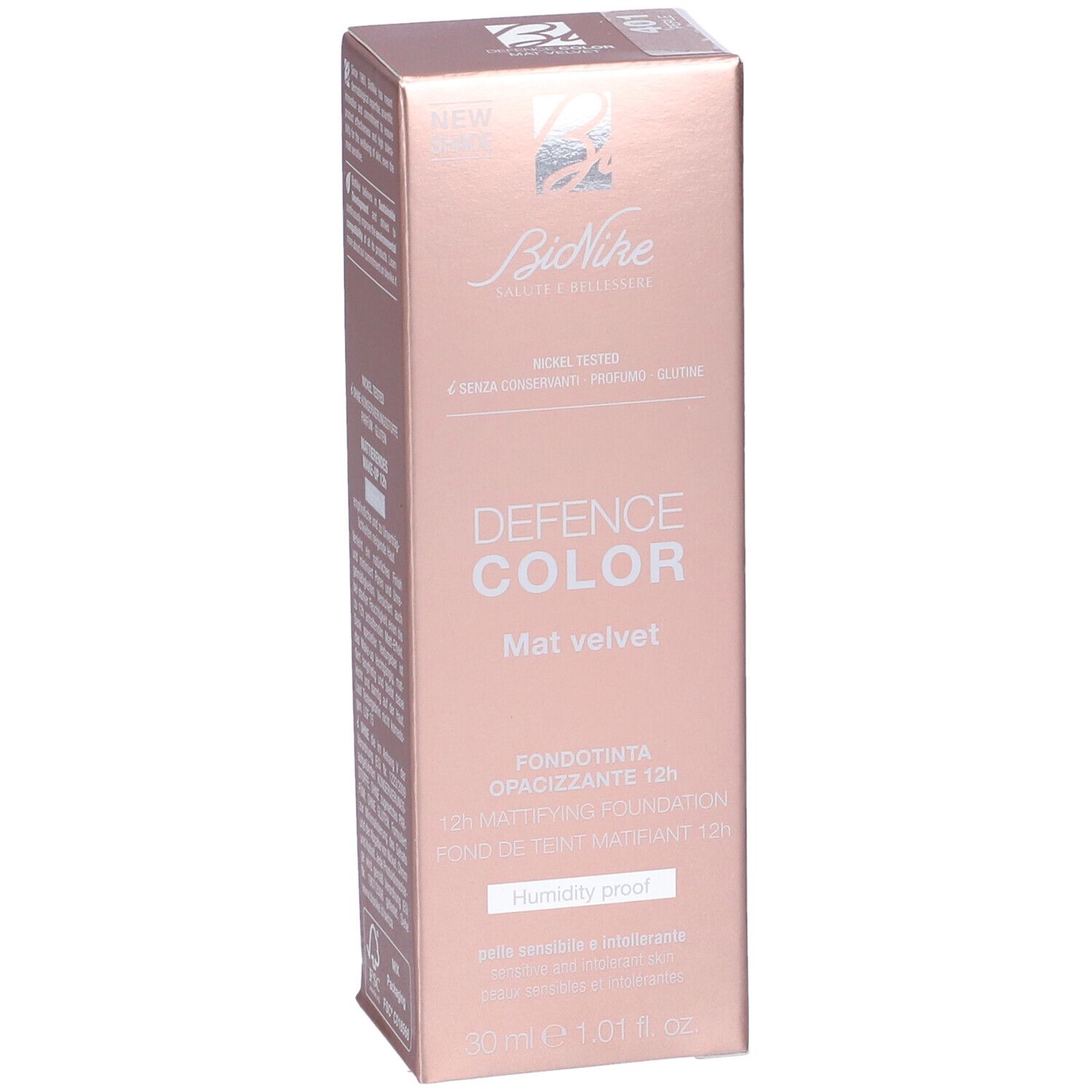 Scatola BioNike Defence Color Mat Velvet Fondotinta Opacizzante 12h. Rosa. Testo: Nickel Tested, 30 ml.