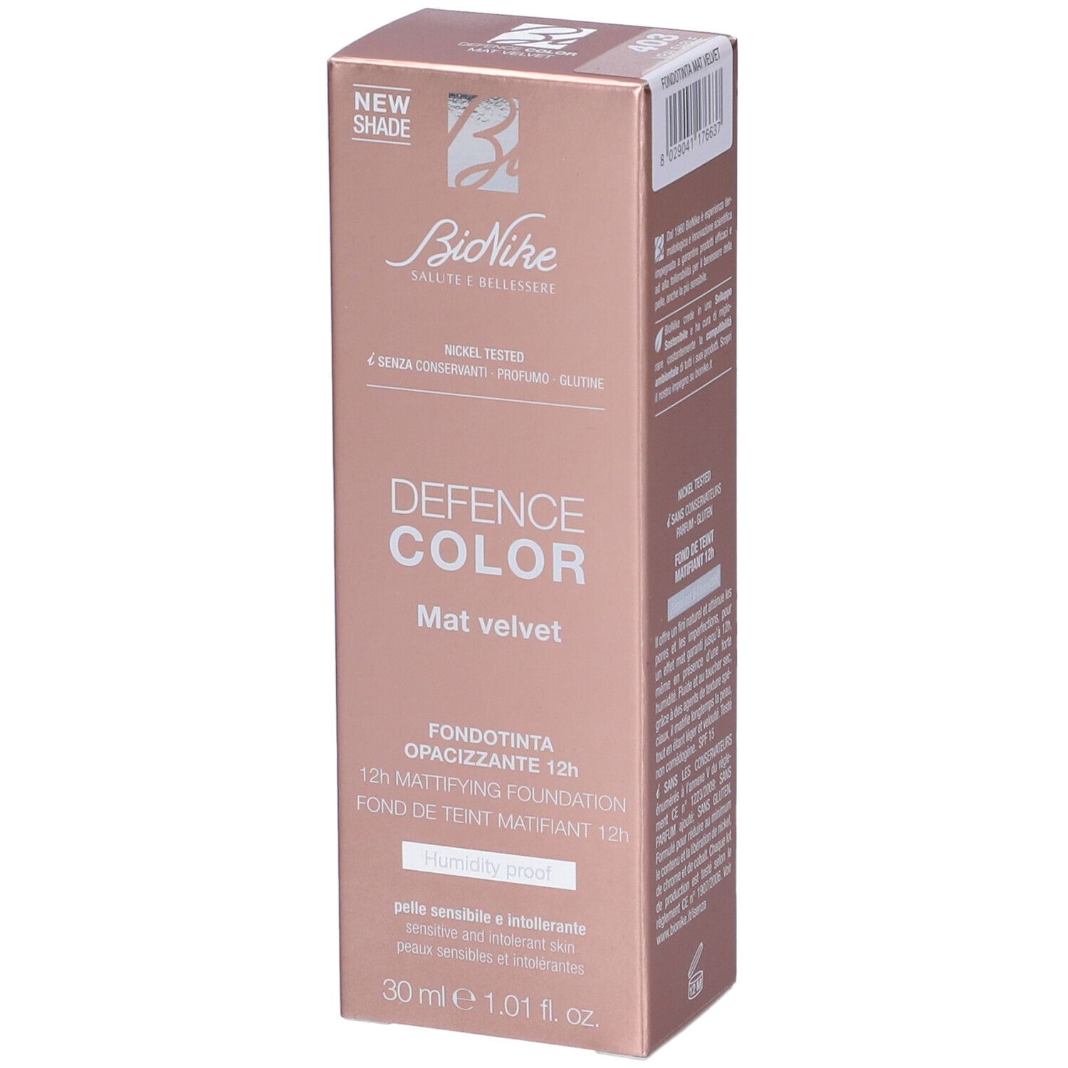 Confezione BioNike Defence Color Mat Velvet Fondotinta Opacizzante 12h. Colore rosa dorato. Testo e logo visibili.