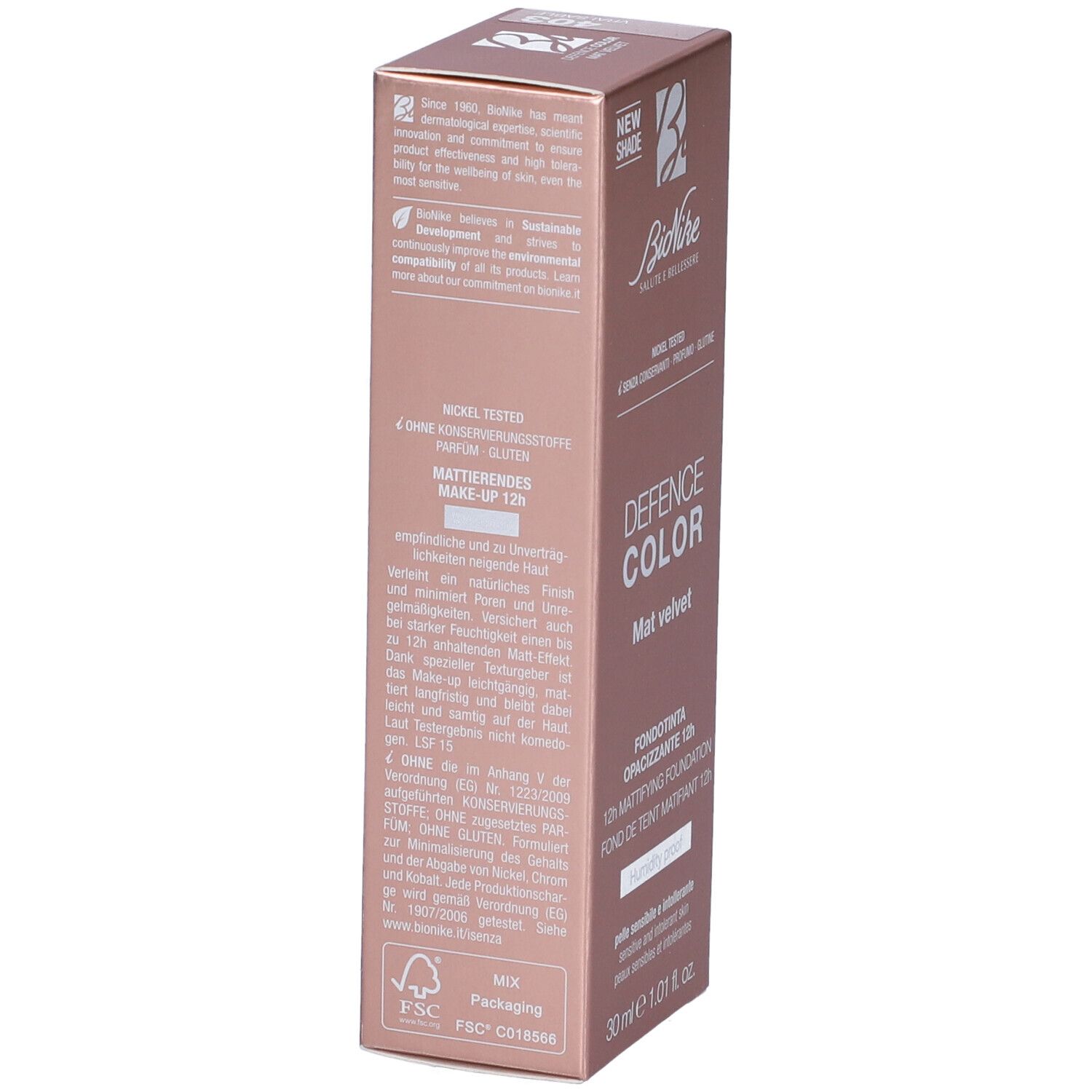 Lato della confezione BioNike Defence Color Mat Velvet Fondotinta Opacizzante 12h. Informazioni e logo FSC.