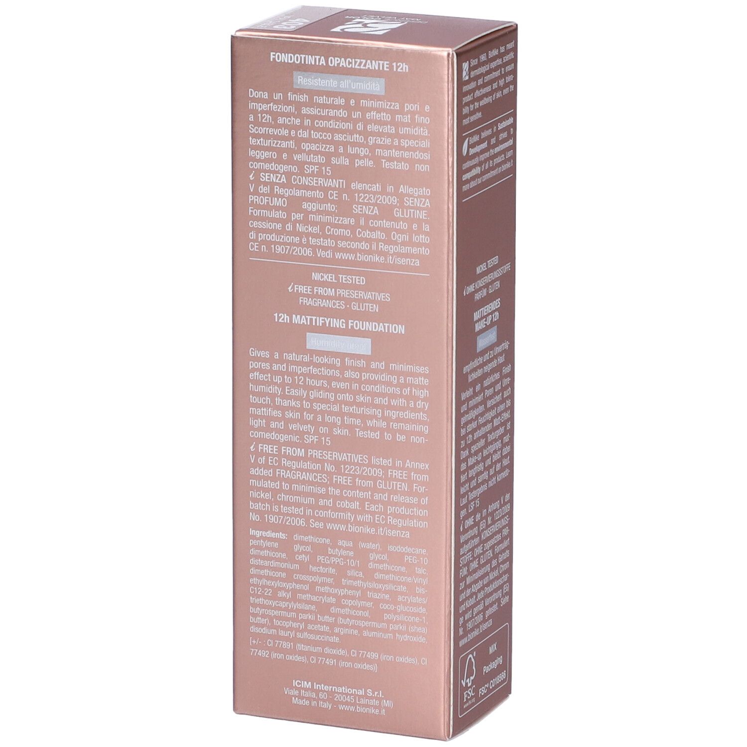 Lato della confezione BioNike Defence Color Mat Velvet Fondotinta Opacizzante 12h. Ingredienti e informazioni.