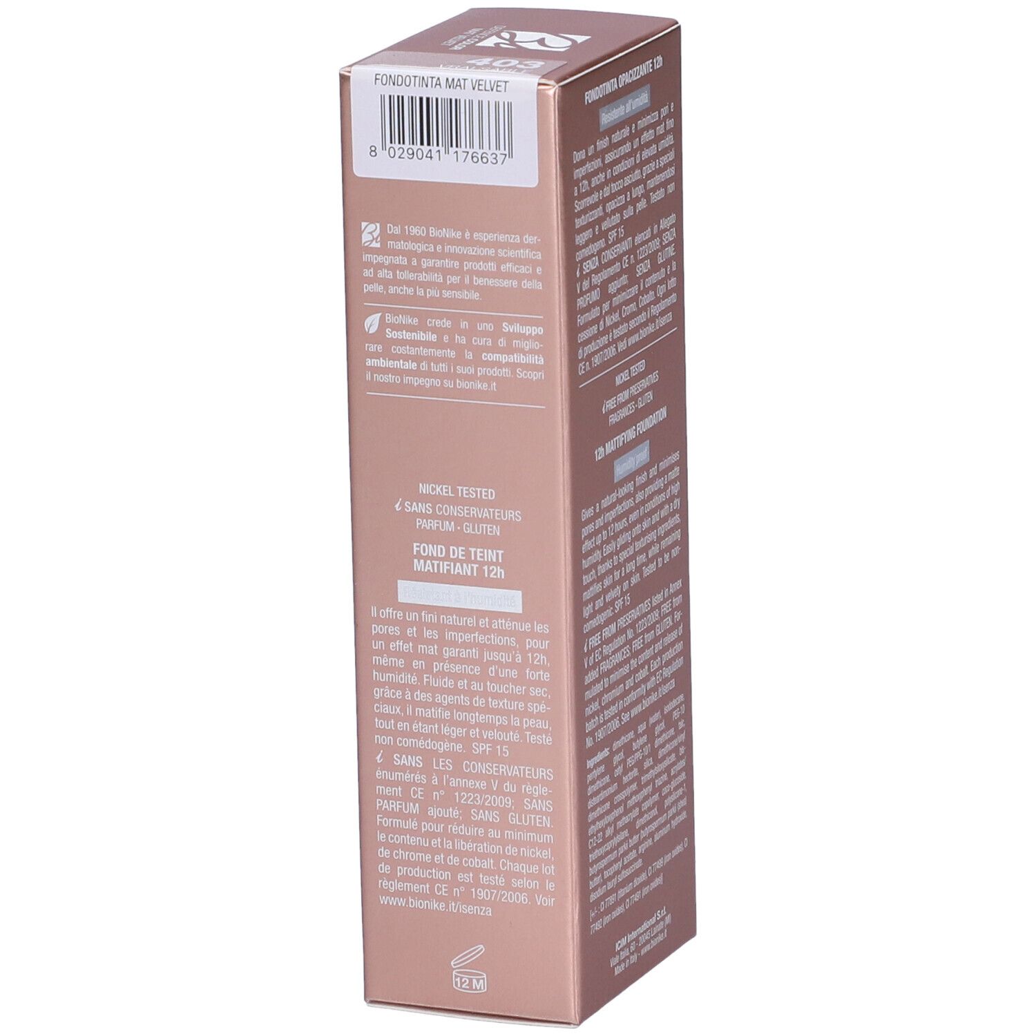 Lato della confezione BioNike Defence Color Mat Velvet Fondotinta Opacizzante 12h. Informazioni e codice a barre.
