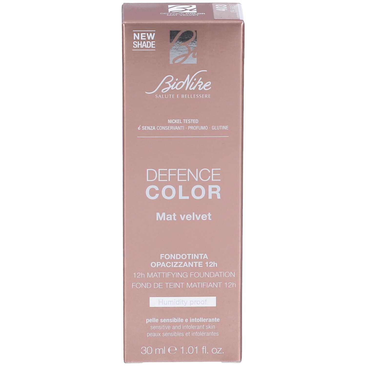 Confezione BioNike Defence Color Mat Velvet Fondotinta Opacizzante 12h. Colore rosa dorato. Testo e logo visibili.