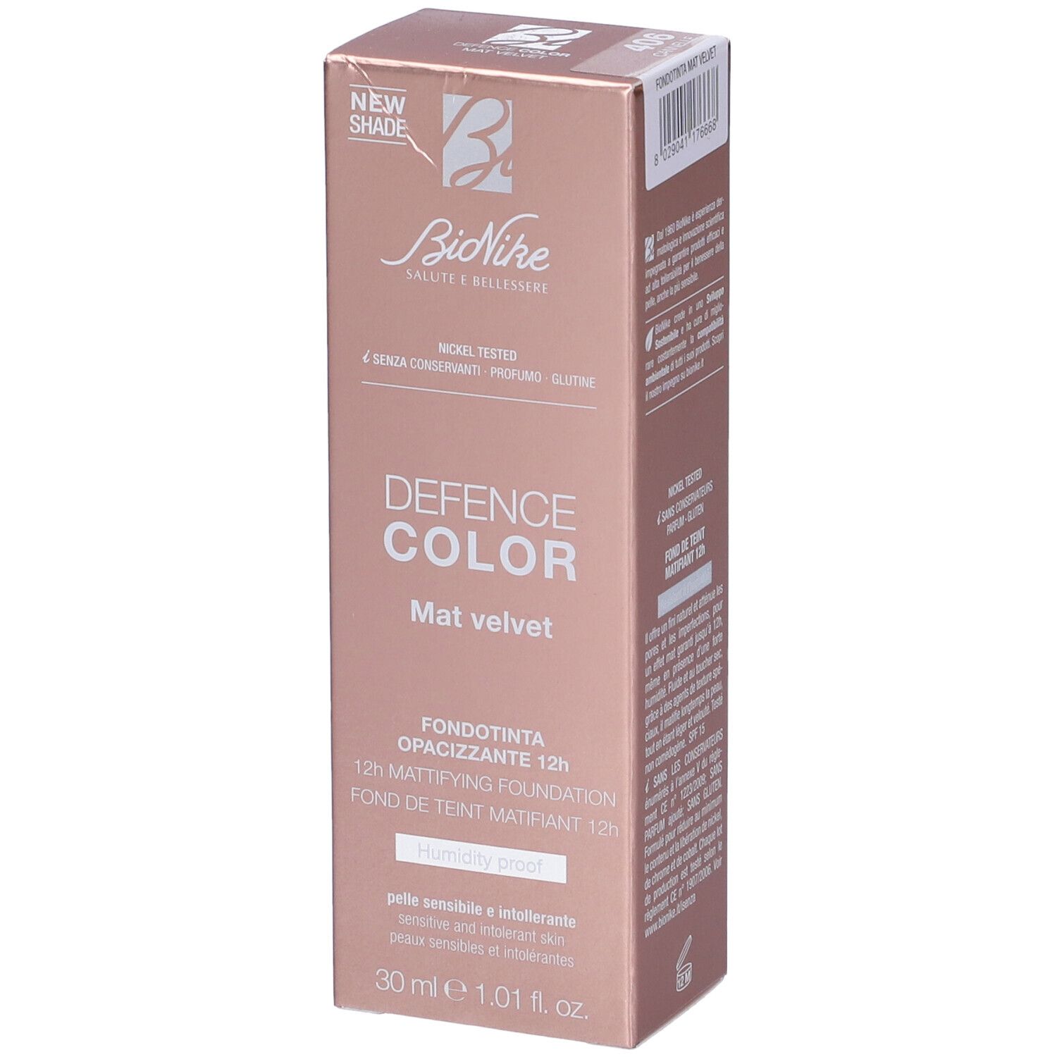 Bionike Defence Color Mat Velvet Fondotinta Opacizzante 12h. Confezione rosa-oro. Testo e logo. 30 ml.