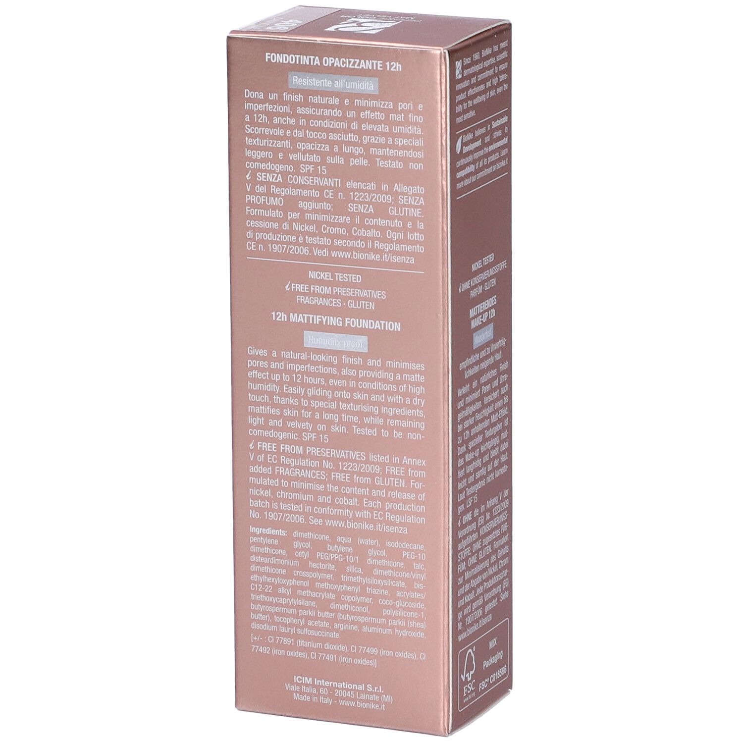 Bionike Defence Color Mat Velvet Fondotinta Opacizzante 12h. Confezione rosa-oro. Testo. 12h Mattifying Foundation.