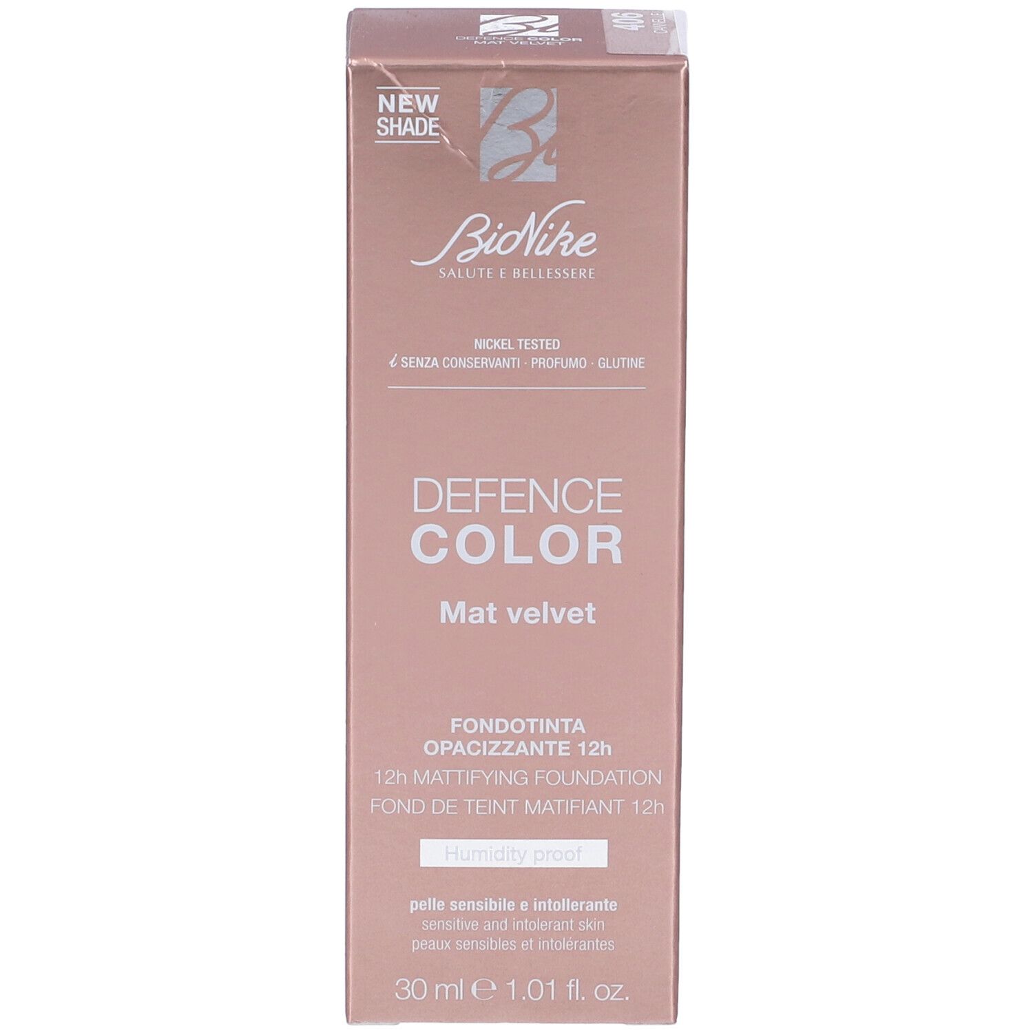 Bionike Defence Color Mat Velvet Fondotinta Opacizzante 12h. Confezione rosa-oro. Testo e logo. 30 ml.