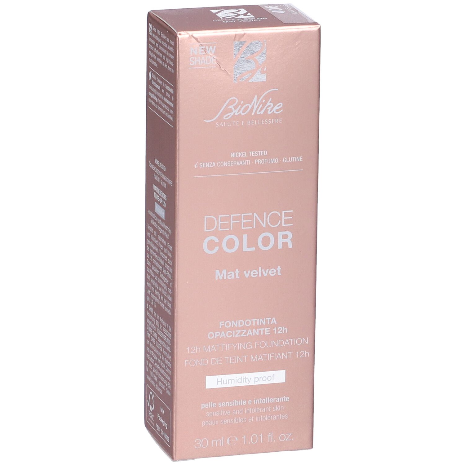 Bionike Defence Color Mat Velvet Fondotinta Opacizzante 12h. Confezione rosa-oro. Testo e logo. 30 ml.