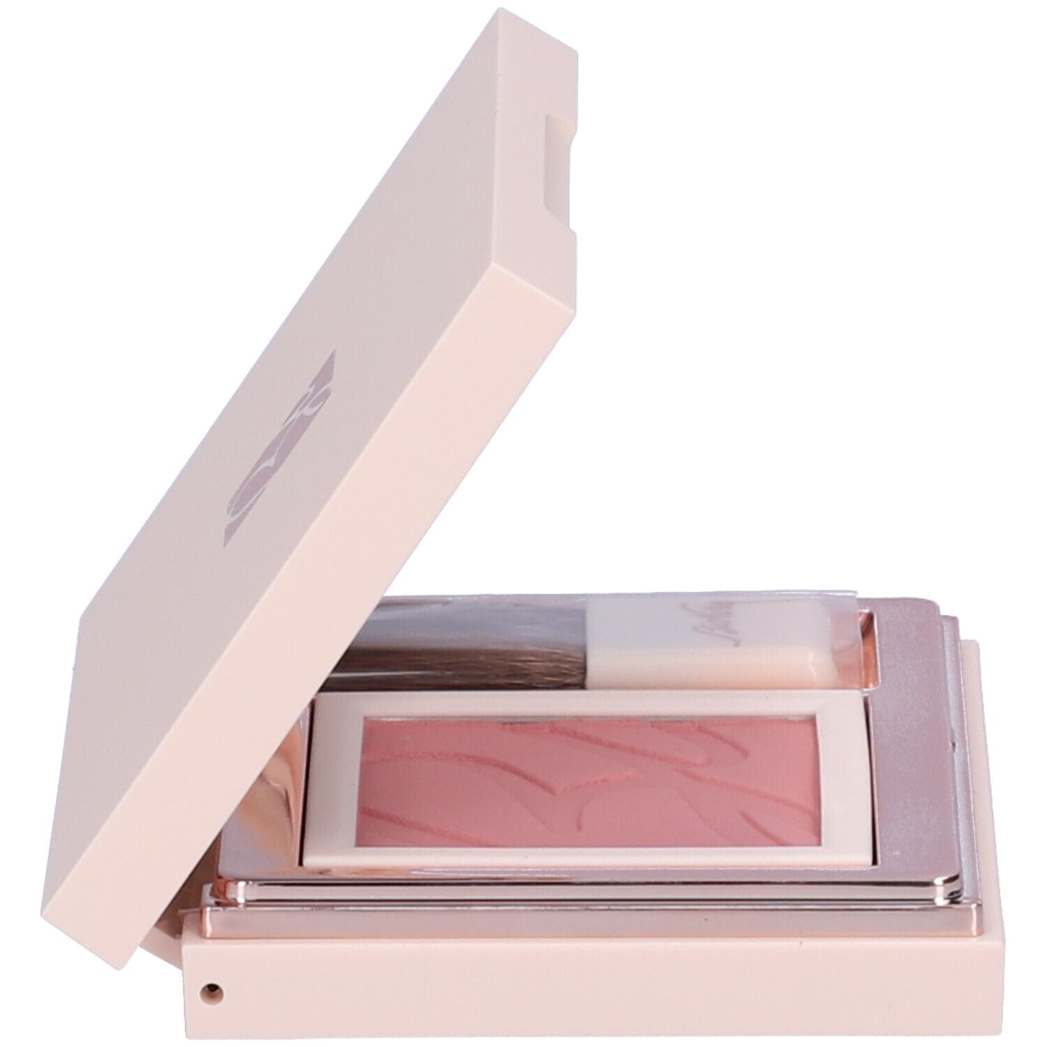 Fard compatto rosa aperto con pennello. Tonalità rosa. Astuccio con specchio. Marchio non visibile.