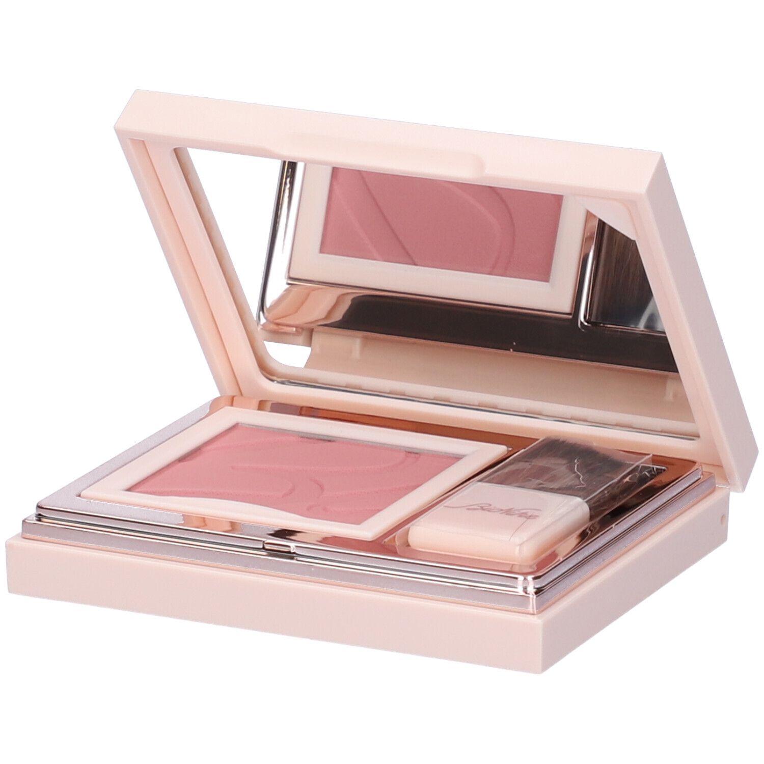 Fard compatto rosa con specchio e pennello. Astuccio rosa. Due quadrati di polvere.