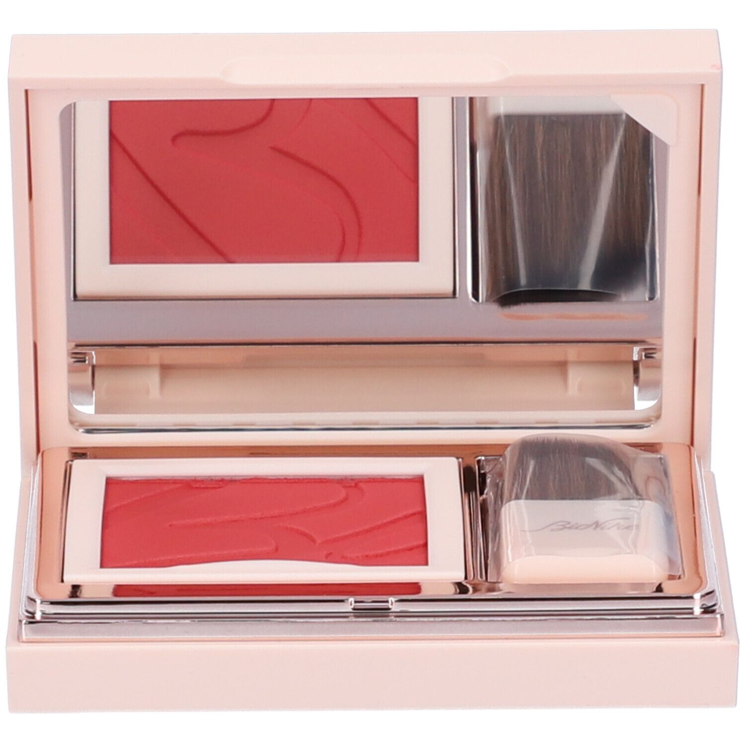 Fard compatto con specchio e pennello. Astuccio rosa, due fard, un pennello. Colore: rosso lampone.