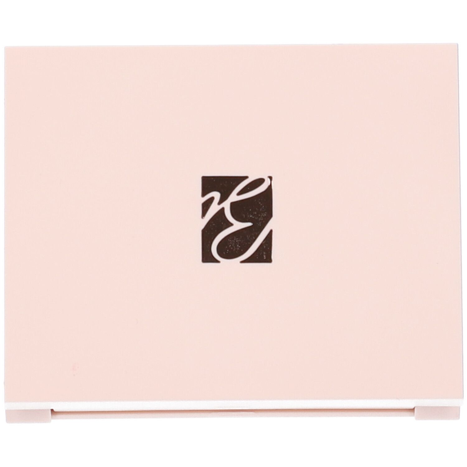 Confezione cosmetica rosa con logo. Forma quadrata, logo marrone. Coperchio chiuso.
