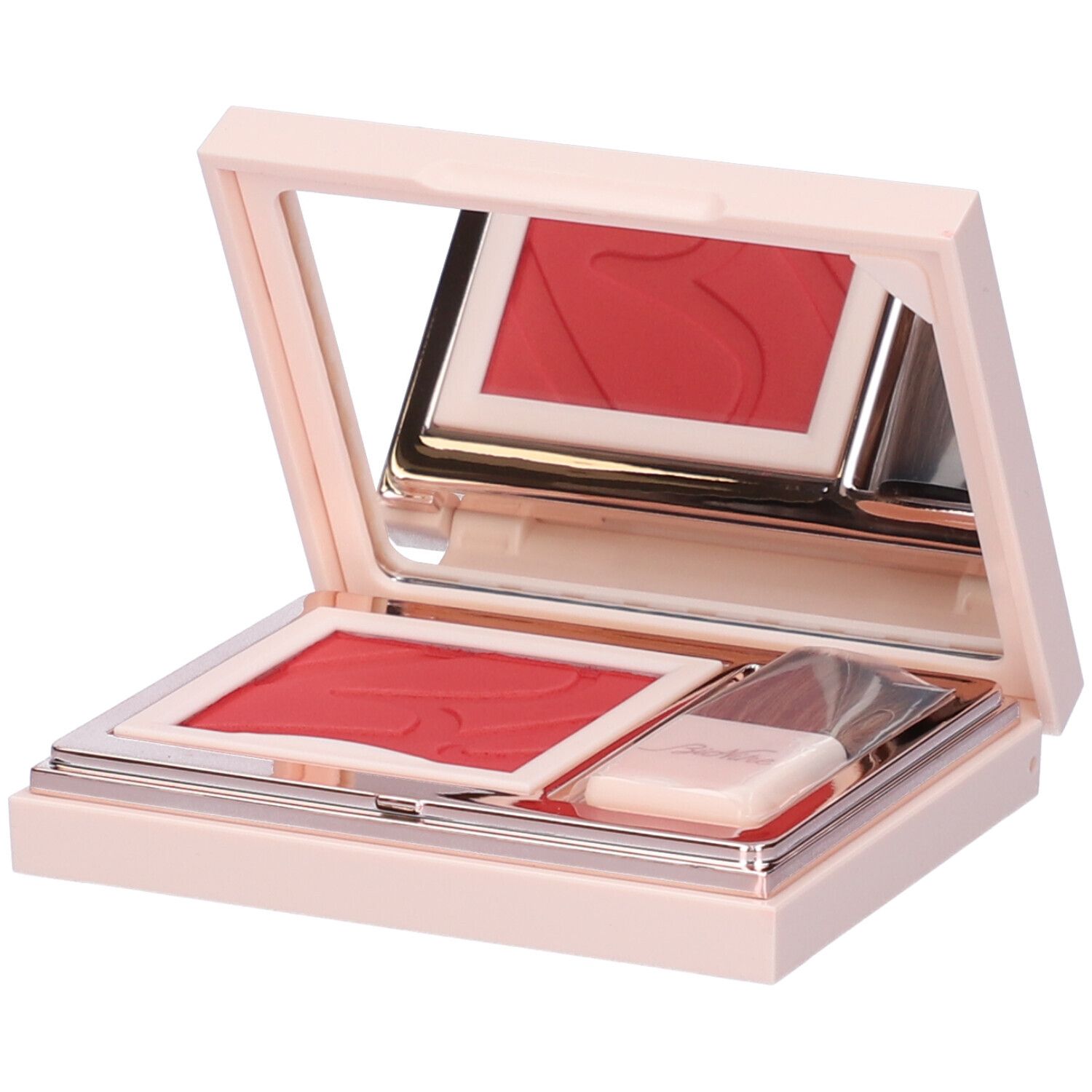Fard compatto con specchio e pennello. Astuccio rosa, due fard, un pennello. Colore: rosso lampone.