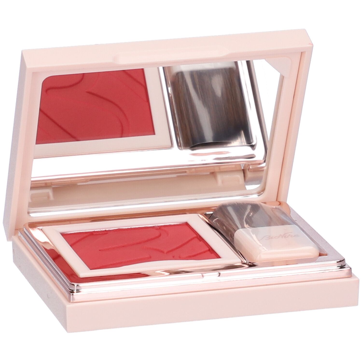 Fard compatto con specchio e pennello. Astuccio rosa, due fard, un pennello. Colore: rosso lampone.