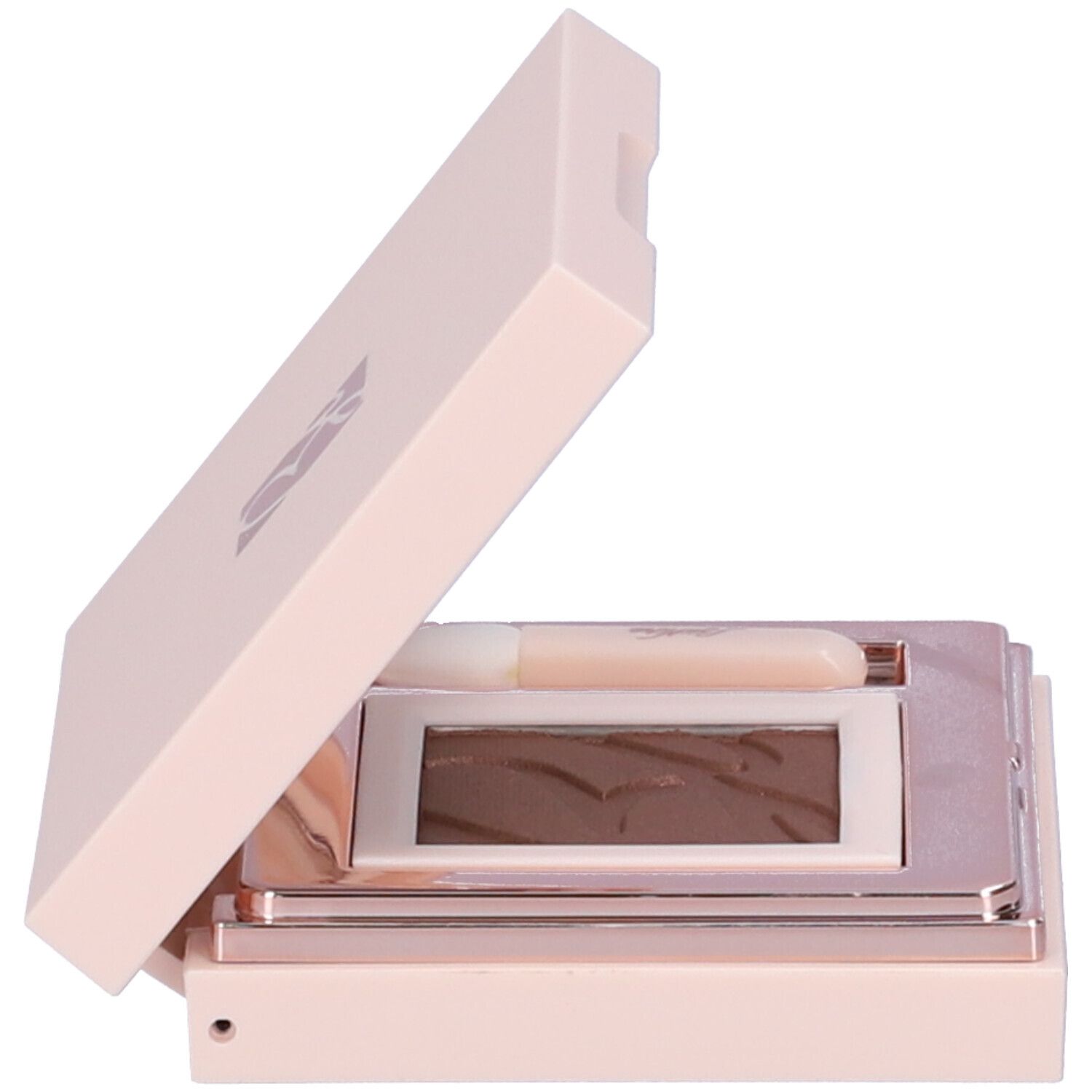 Ombretto compatto aperto. Contiene ombretto marrone, applicatore. Confezione rosa.