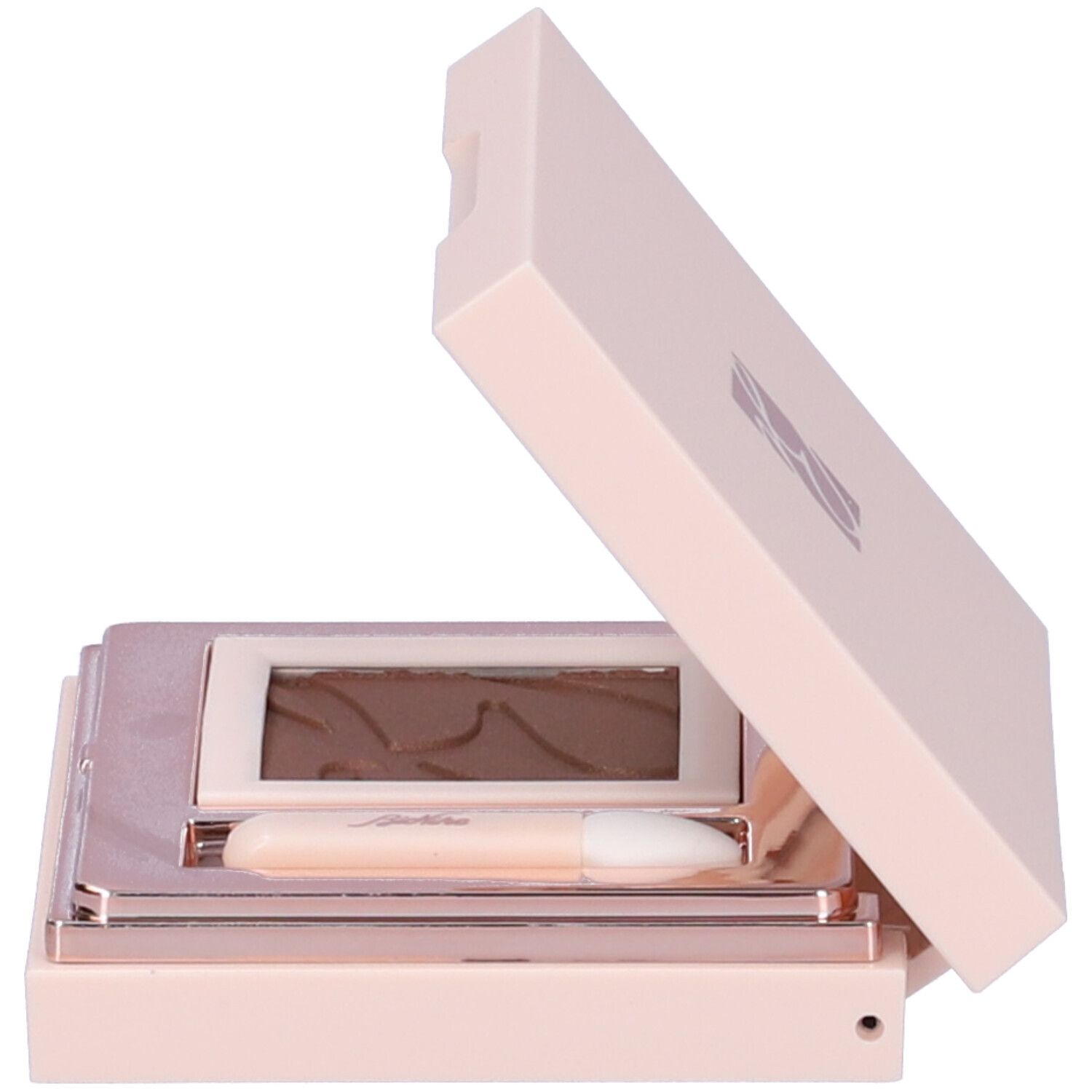Ombretto compatto aperto. Contiene ombretto marrone e applicatore. Confezione rosa.