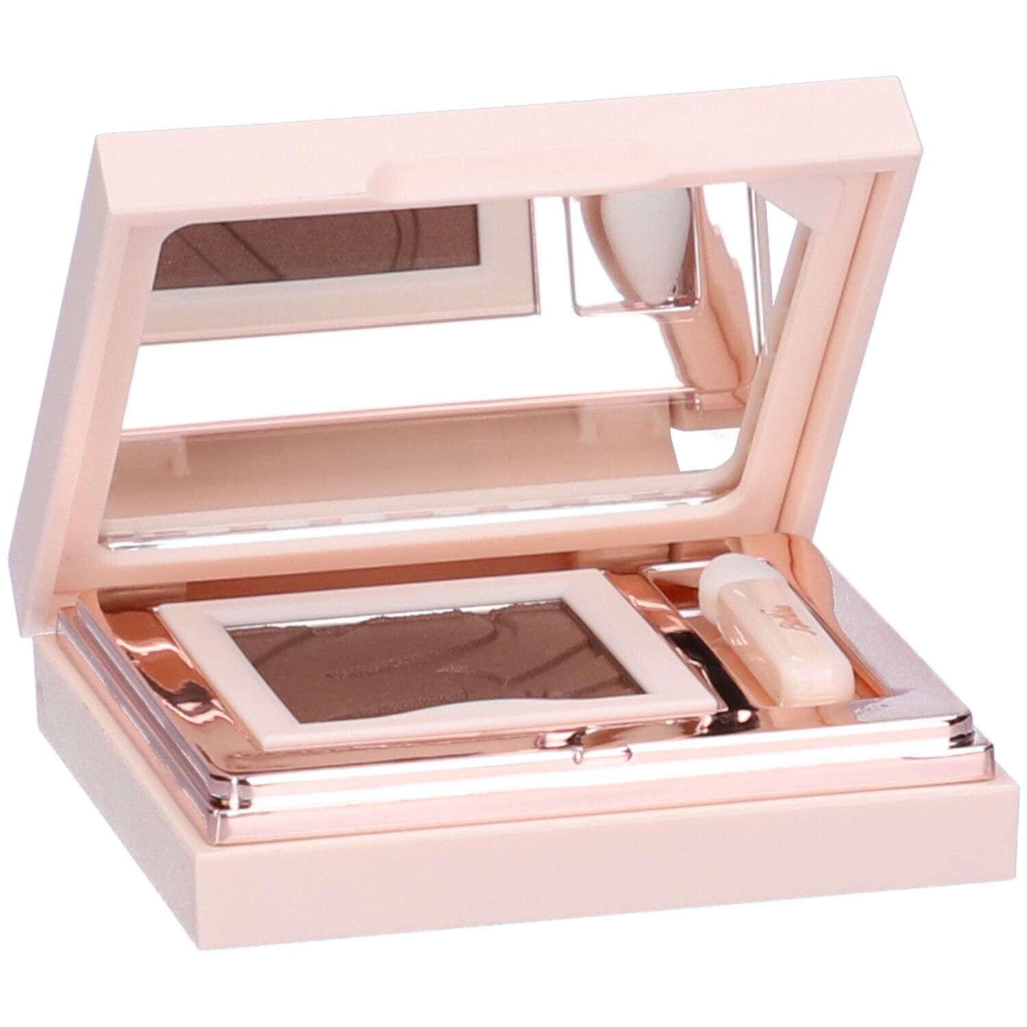 Ombretto compatto aperto. Specchio, applicatore e ombretto marrone. Confezione rosa.