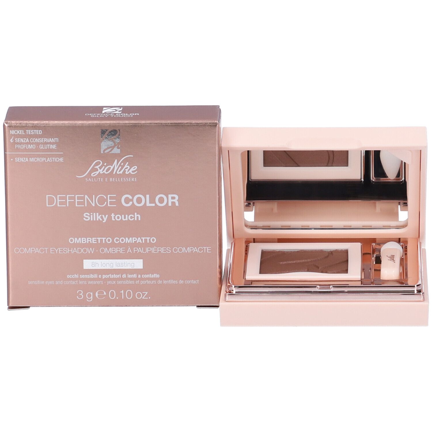 Confezione prodotto con ombretto. Contiene ombretto, applicatore e specchio. Tonalità rosa e marrone.