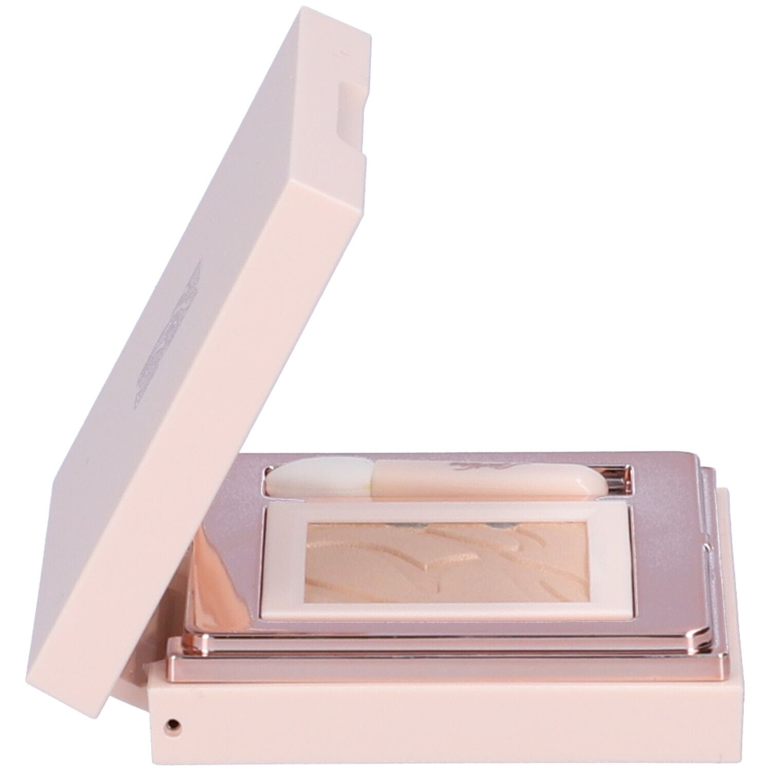 Astuccio ombretto rosa chiaro, aperto. Un ombretto e un applicatore sono visibili.