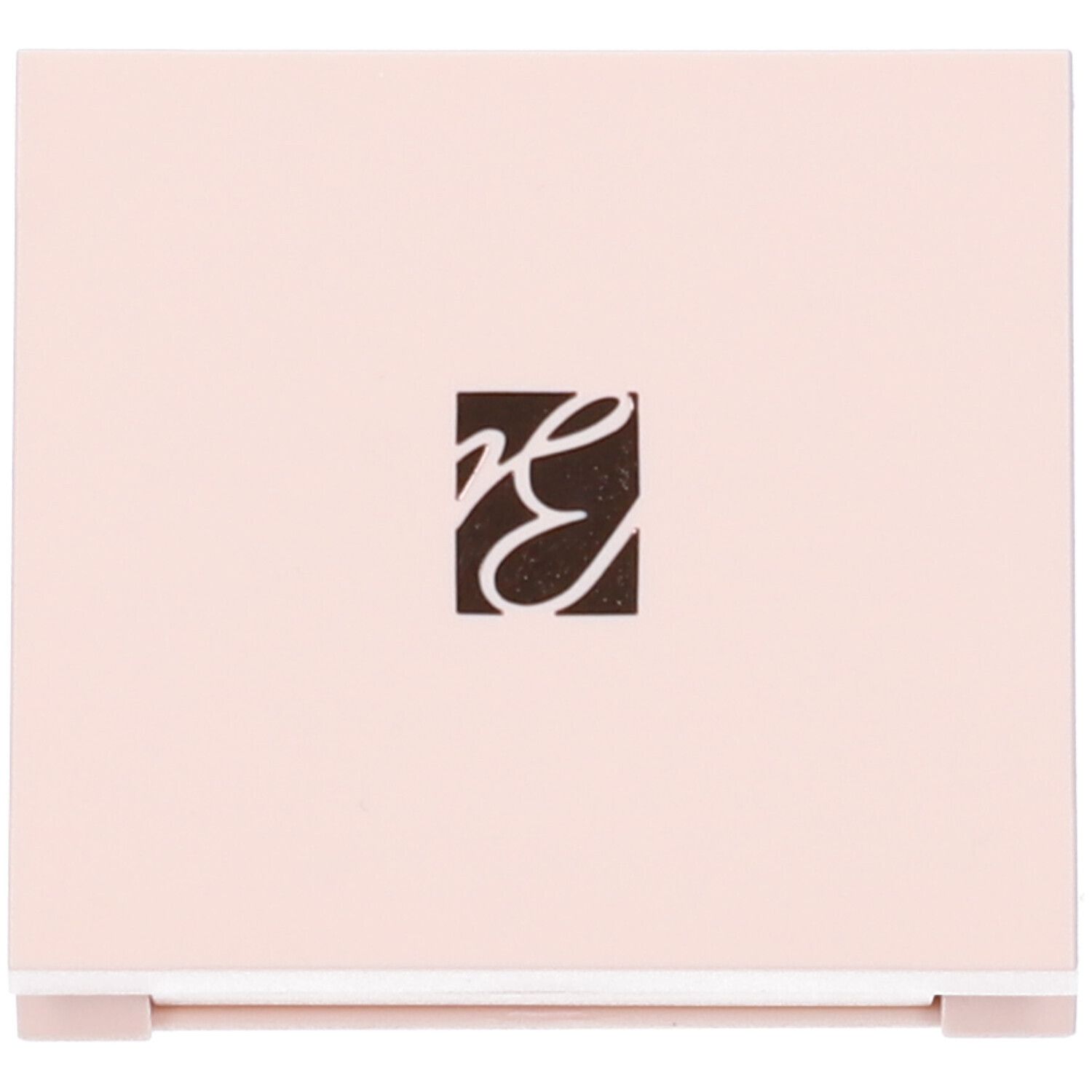 Astuccio ombretto rosa chiaro, chiuso. Un logo sul coperchio in un quadrato scuro.