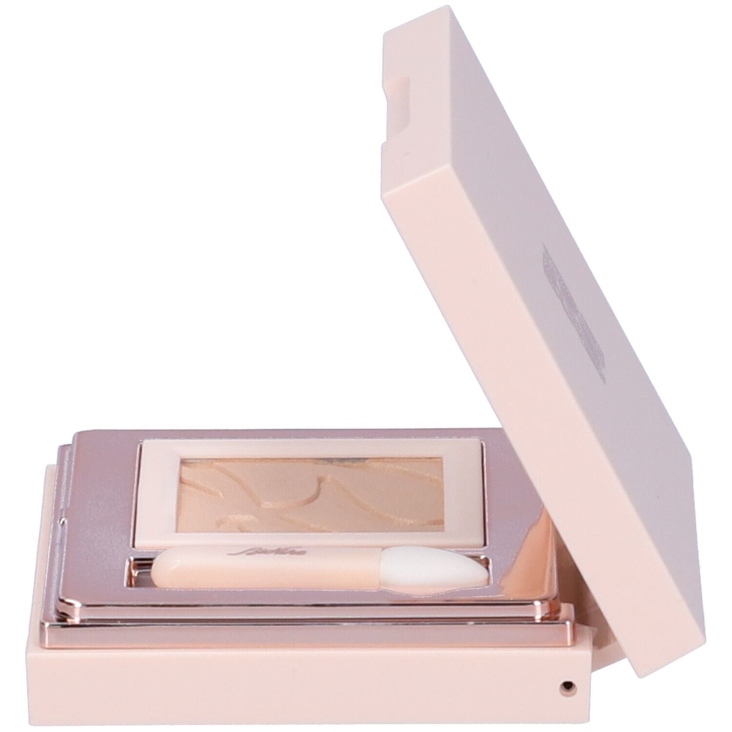 Astuccio ombretto rosa chiaro, aperto. Un ombretto e un applicatore sono visibili.