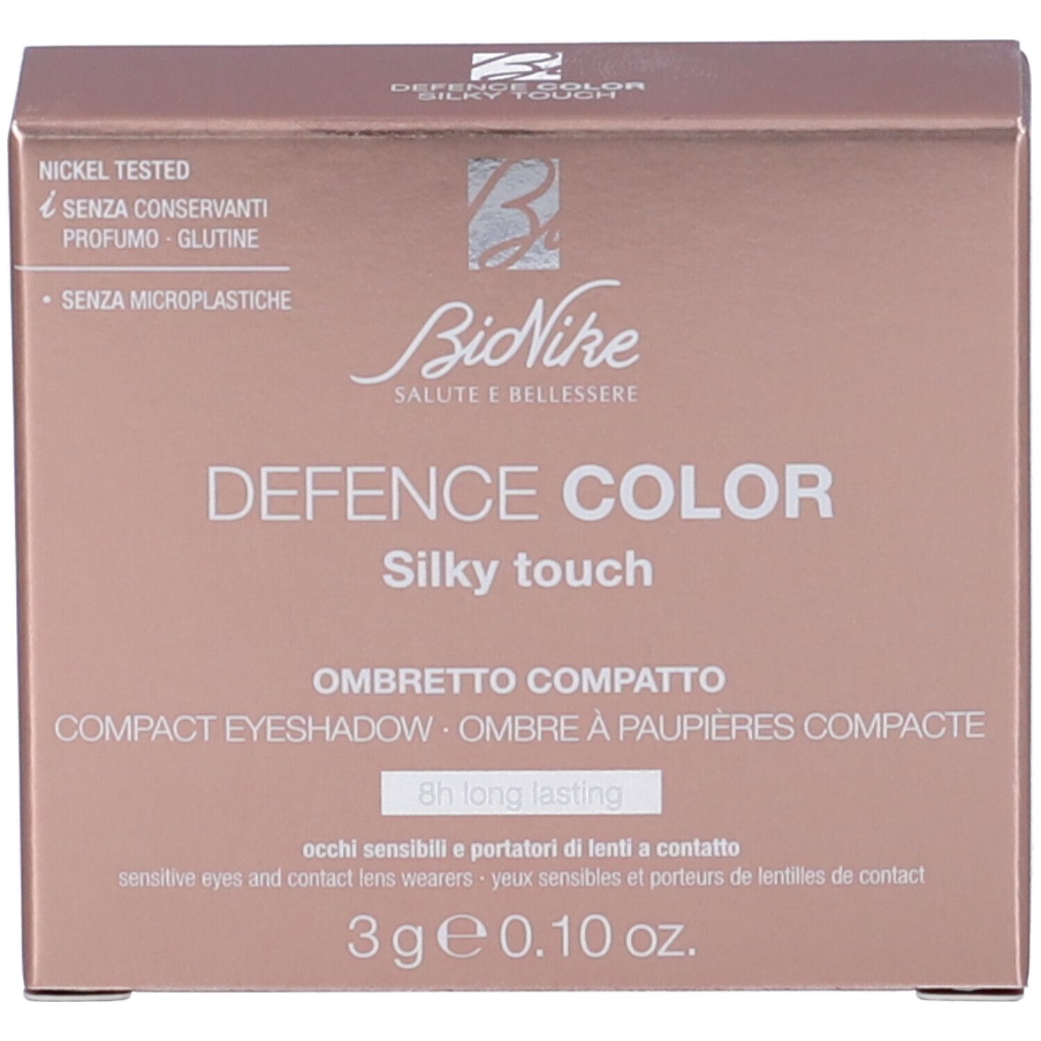Confezione in cartone con nome del prodotto e informazioni. Testo: Bionike Defence Color Silky Touch Ombretto Compatto.