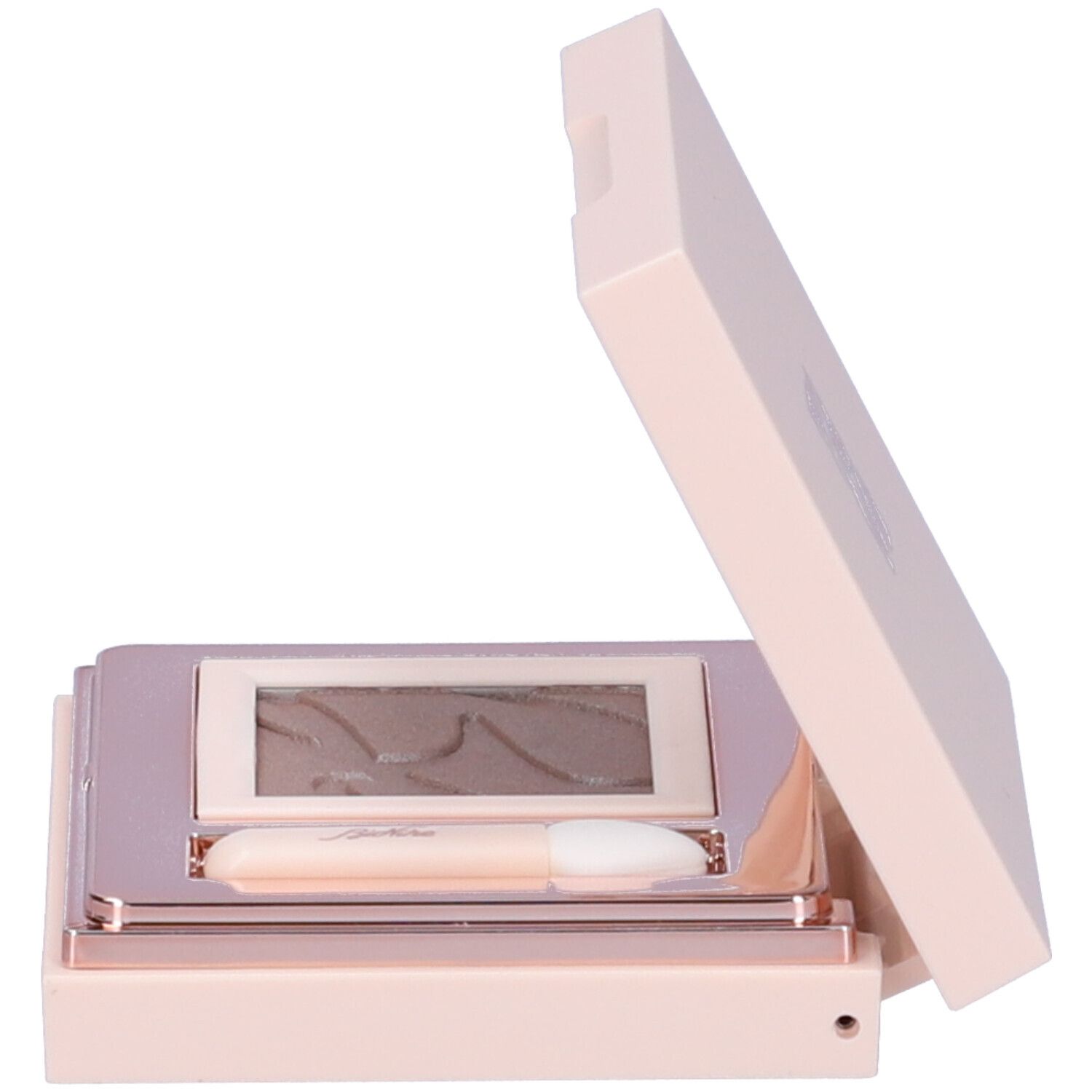 Palette ombretto rosa aperta. Specchio, applicatore e ombretto taupe.