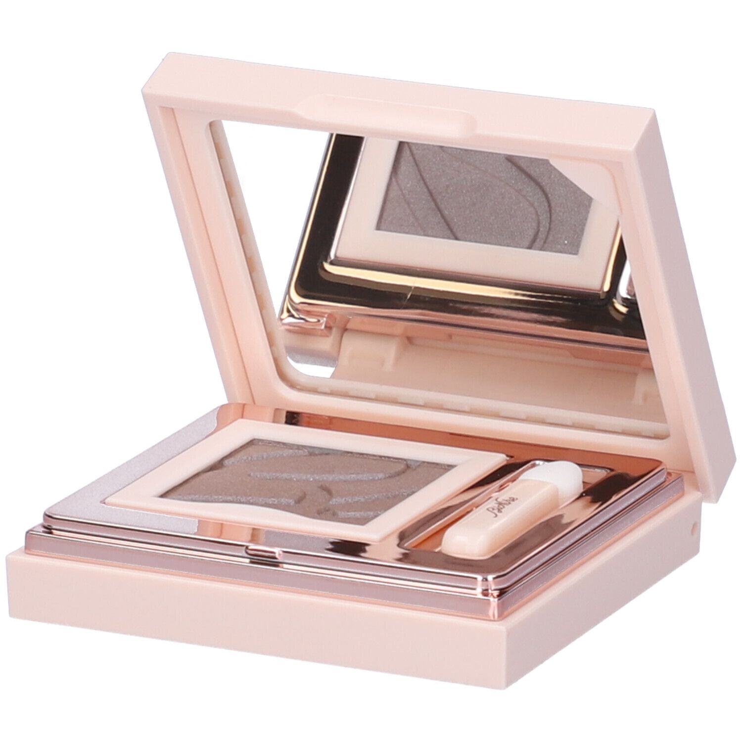 Palette ombretto rosa aperta. Specchio, applicatore e ombretto taupe.