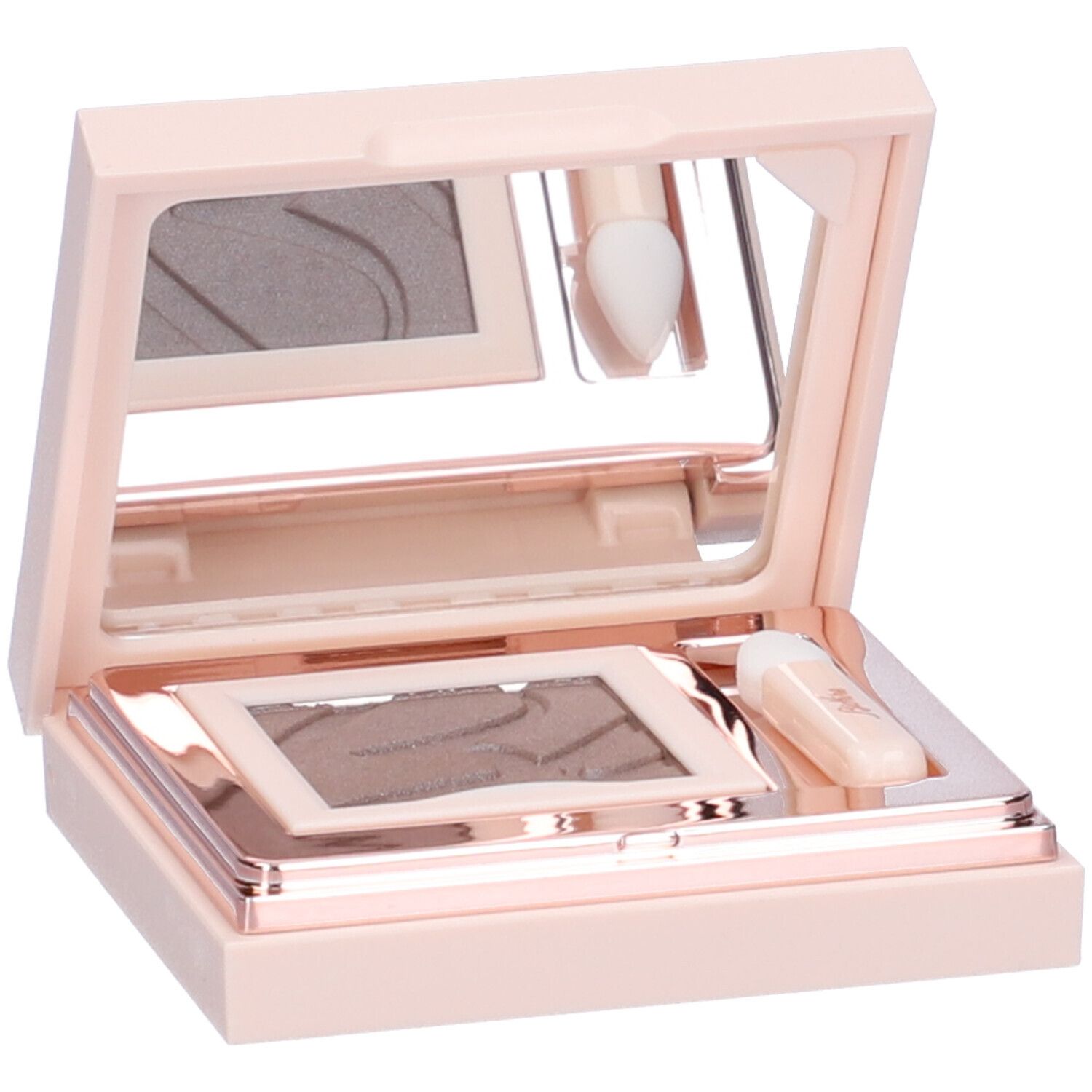 Palette ombretto rosa aperta. Specchio, applicatore e ombretto taupe.