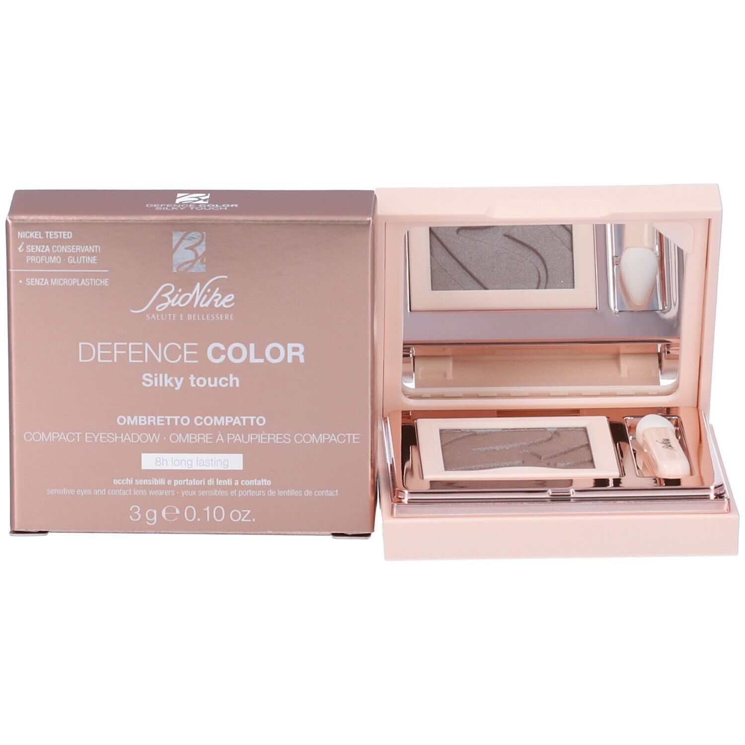 Palette ombretto e confezione. Confezione rosa con informazioni e ombretto.