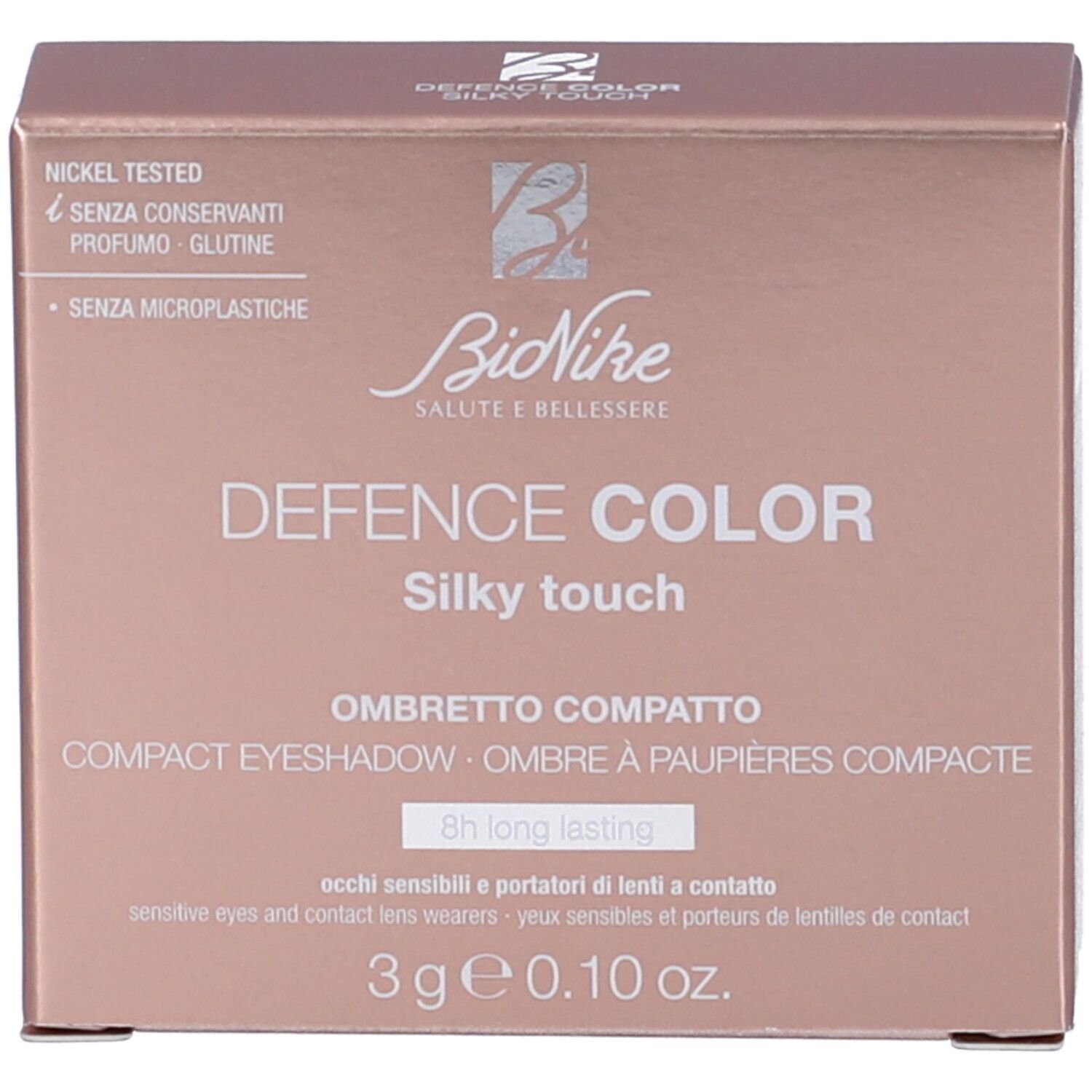 Confezione rosa con informazioni sul prodotto. Contiene testo e logo.