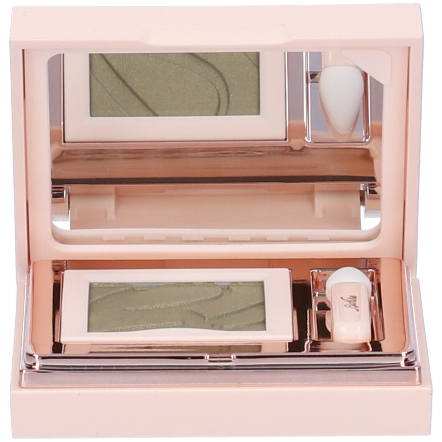 Ombretto compatto verde dorato in confezione rosa. Specchio e applicatore inclusi.