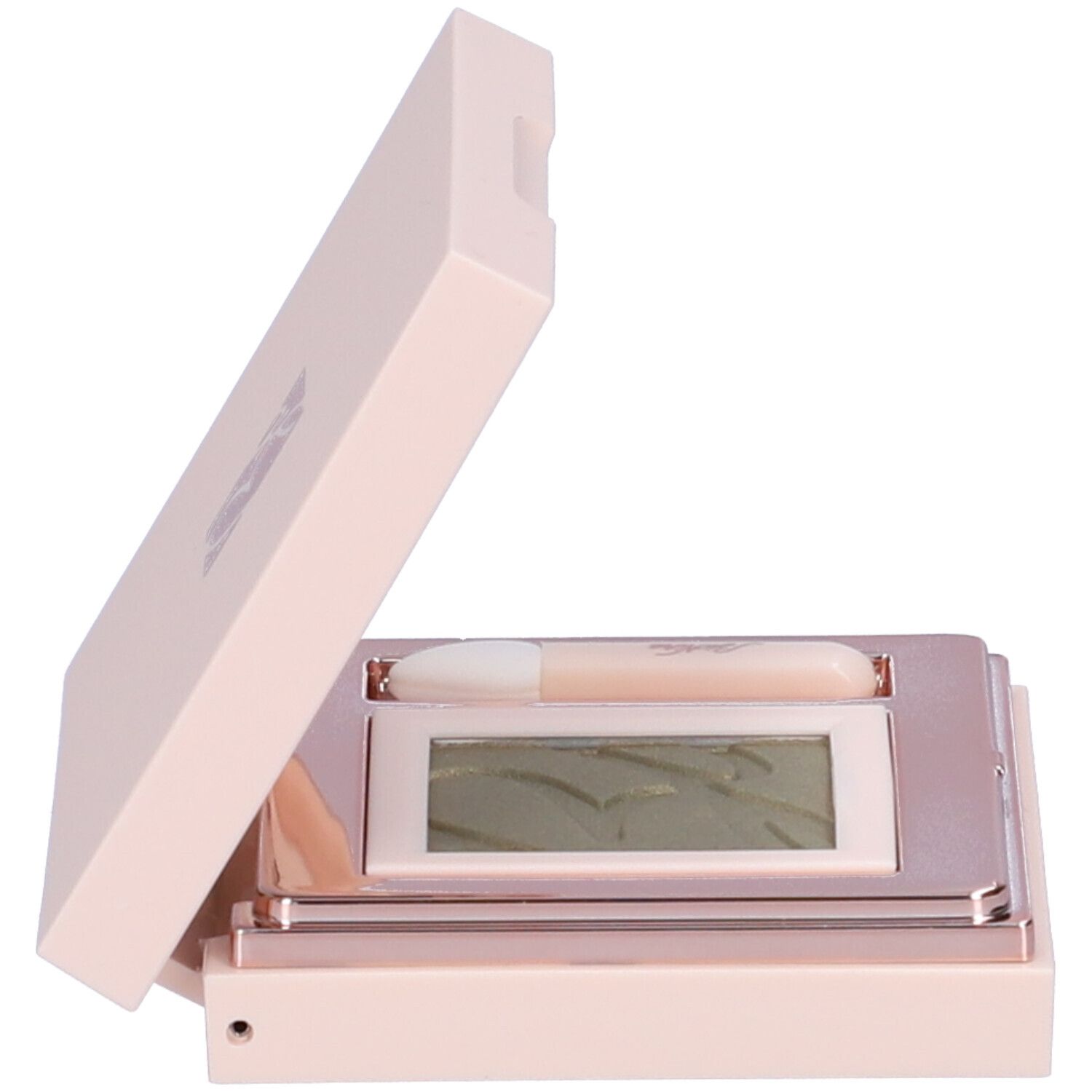 Astuccio ombretto rosa aperto, con ombretto verde, specchio e applicatore.