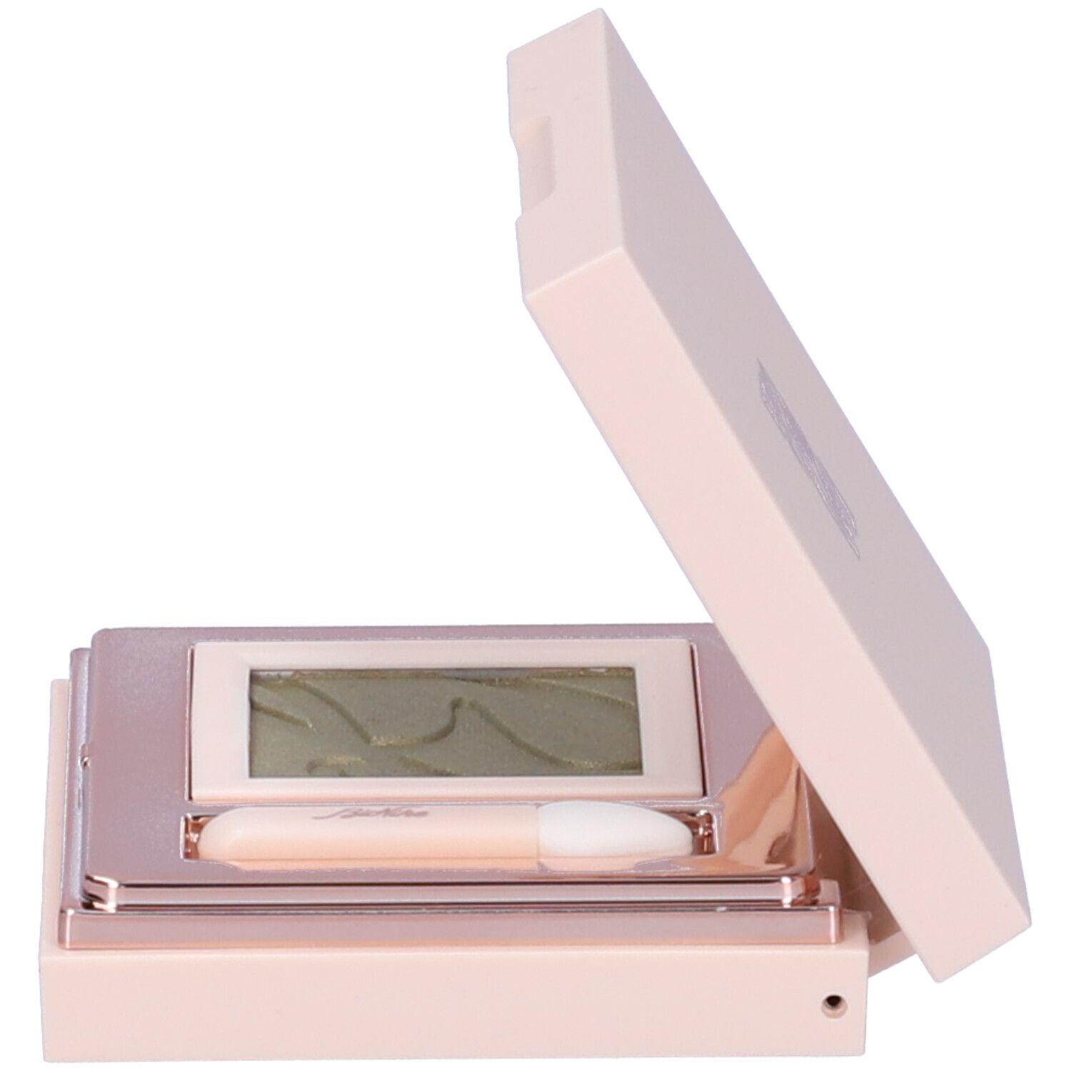 Astuccio ombretto rosa aperto, con ombretto verde, specchio e applicatore.