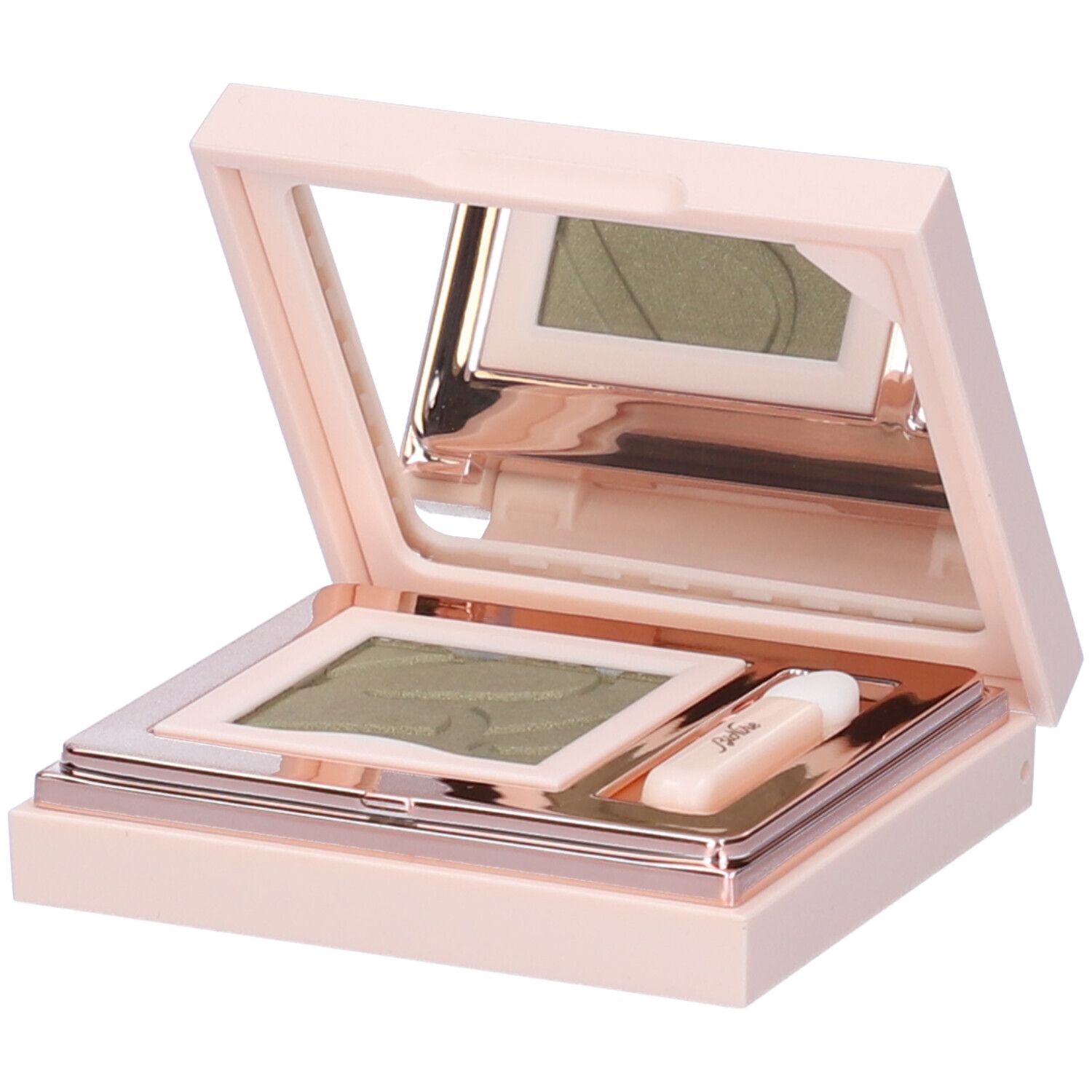 Astuccio ombretto rosa aperto, con ombretto verde, specchio e applicatore.