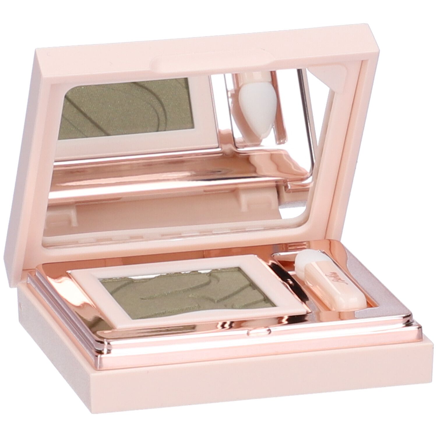 Astuccio ombretto rosa aperto, con ombretto verde, specchio e applicatore.