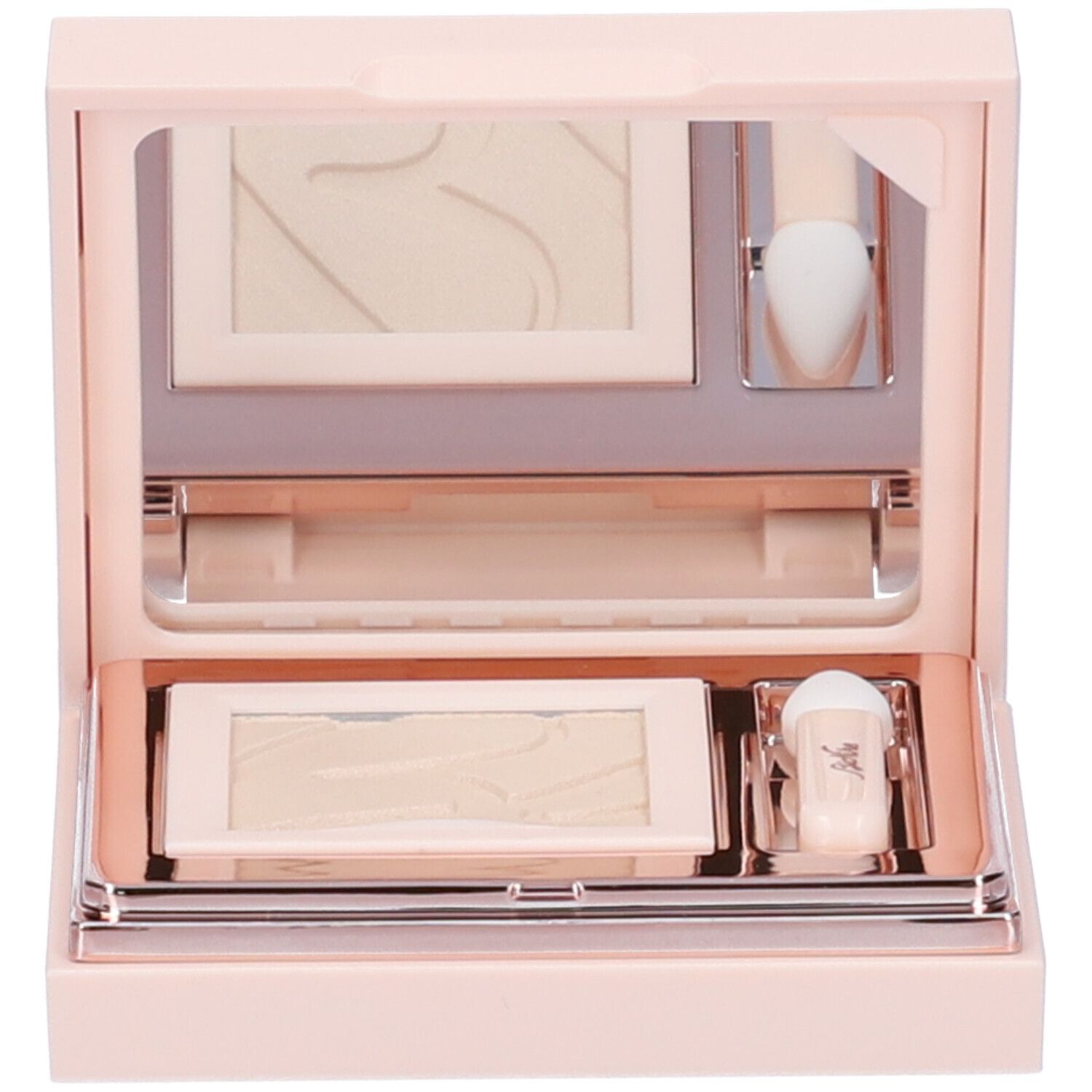 Contenitore compatto ombretto rosa con specchio e applicatori. Contiene ombretto chiaro.