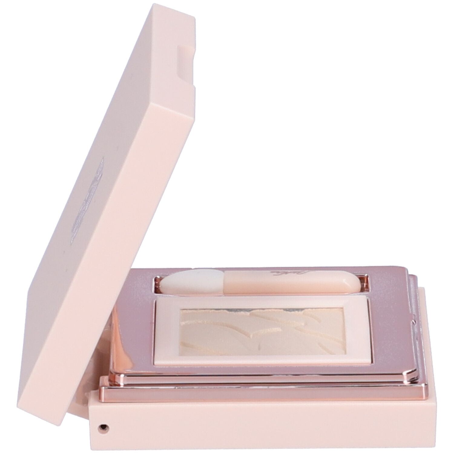 Contenitore ombretto rosa aperto con specchio e applicatore. Colore chiaro dell'ombretto visibile.