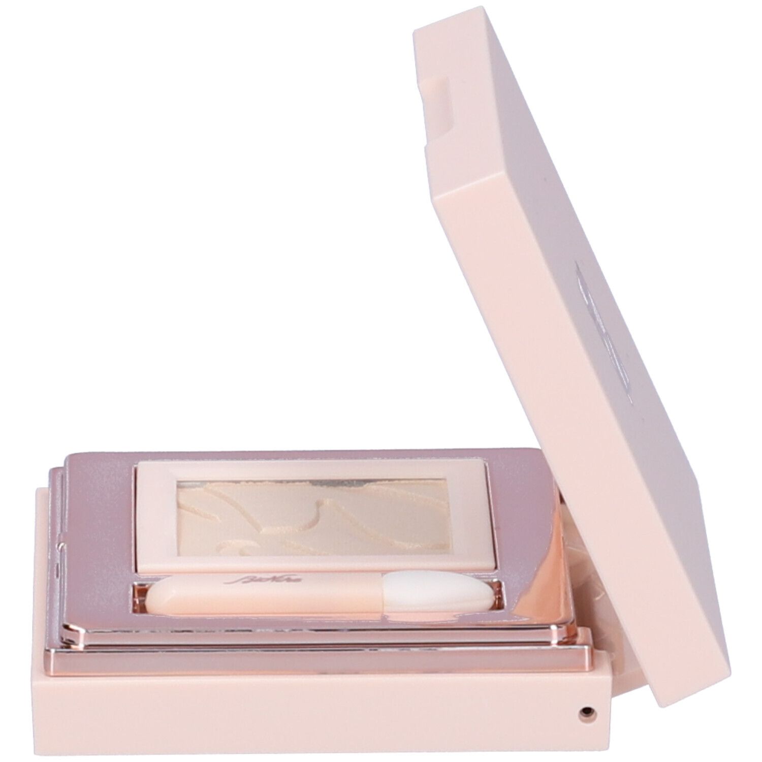 Contenitore ombretto rosa aperto con specchio e applicatore. Colore chiaro dell'ombretto visibile.