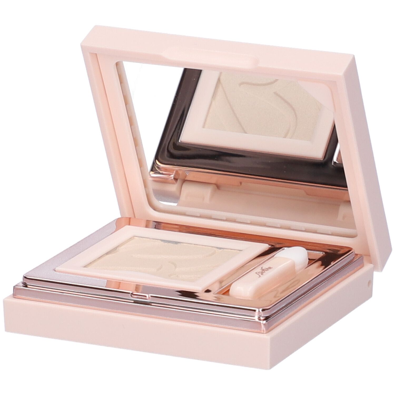 Contenitore ombretto rosa con specchio e applicatore. Colore chiaro dell'ombretto visibile.