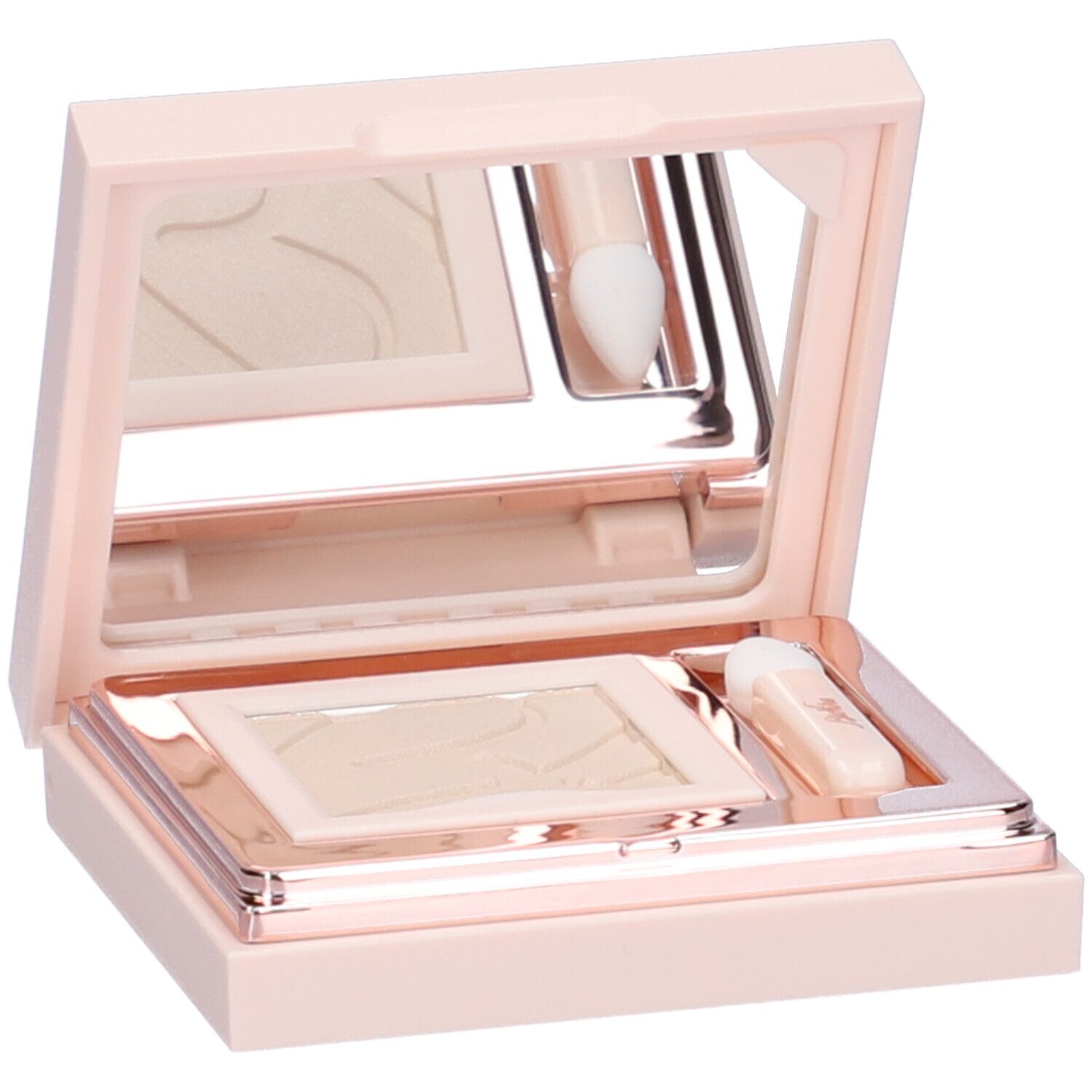 Contenitore ombretto rosa con specchio e applicatore. Colore chiaro dell'ombretto visibile.