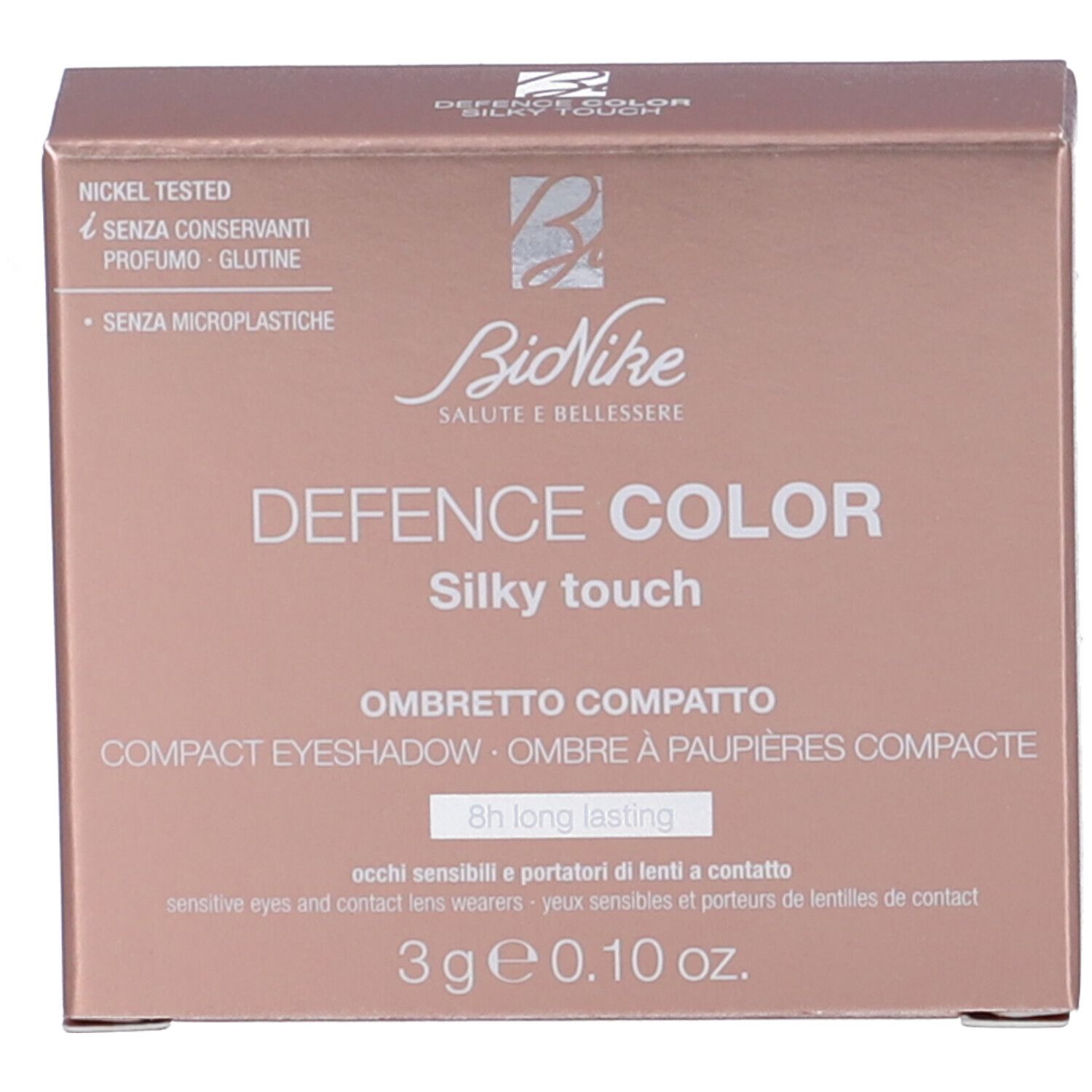 Confezione compatta ombretto rosa e oro. Contiene informazioni sul prodotto e logo.